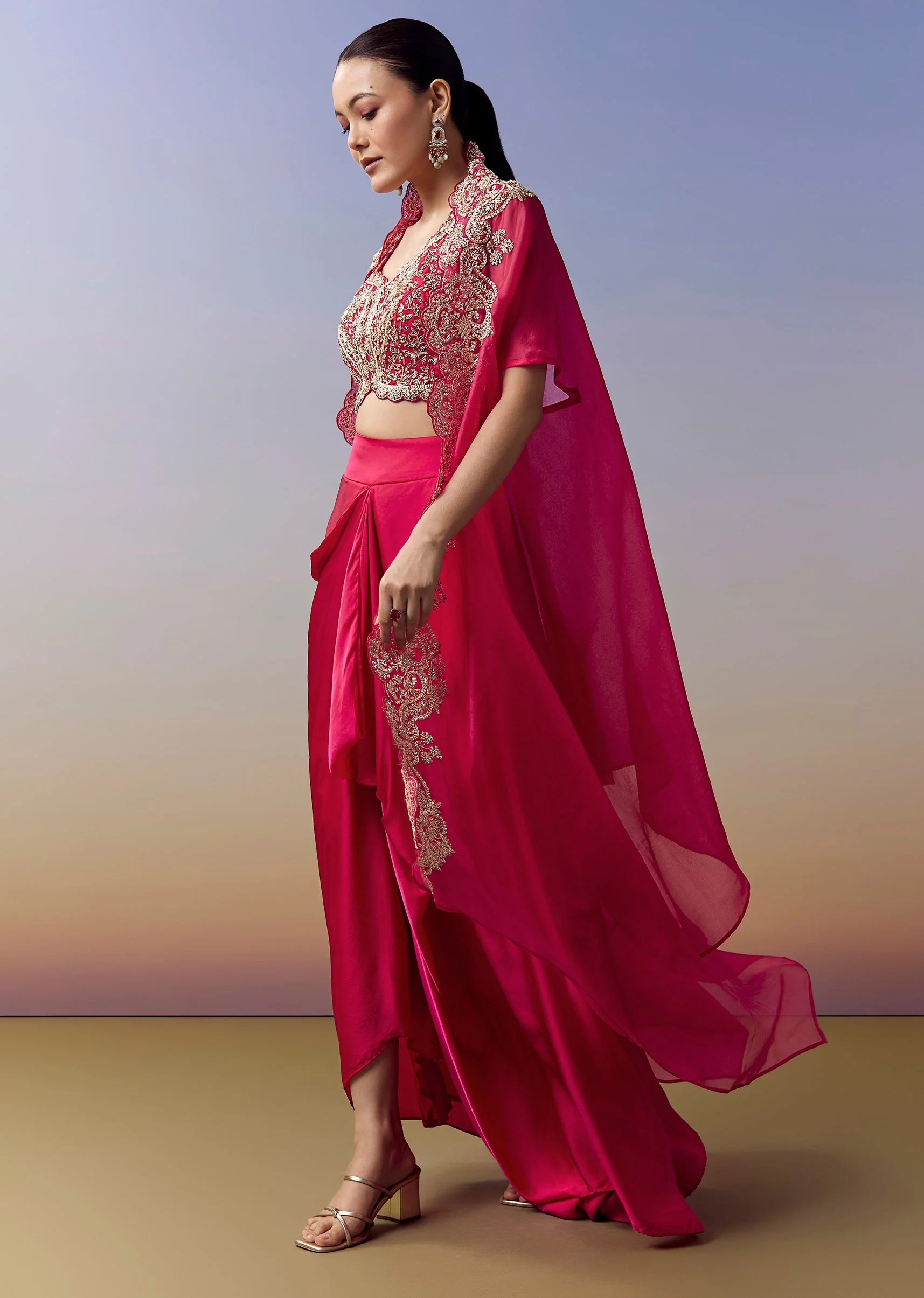 Hot Pink Indo Western Crop Top Skirt Set With Zardosi Work And Organza Cape - Image 3