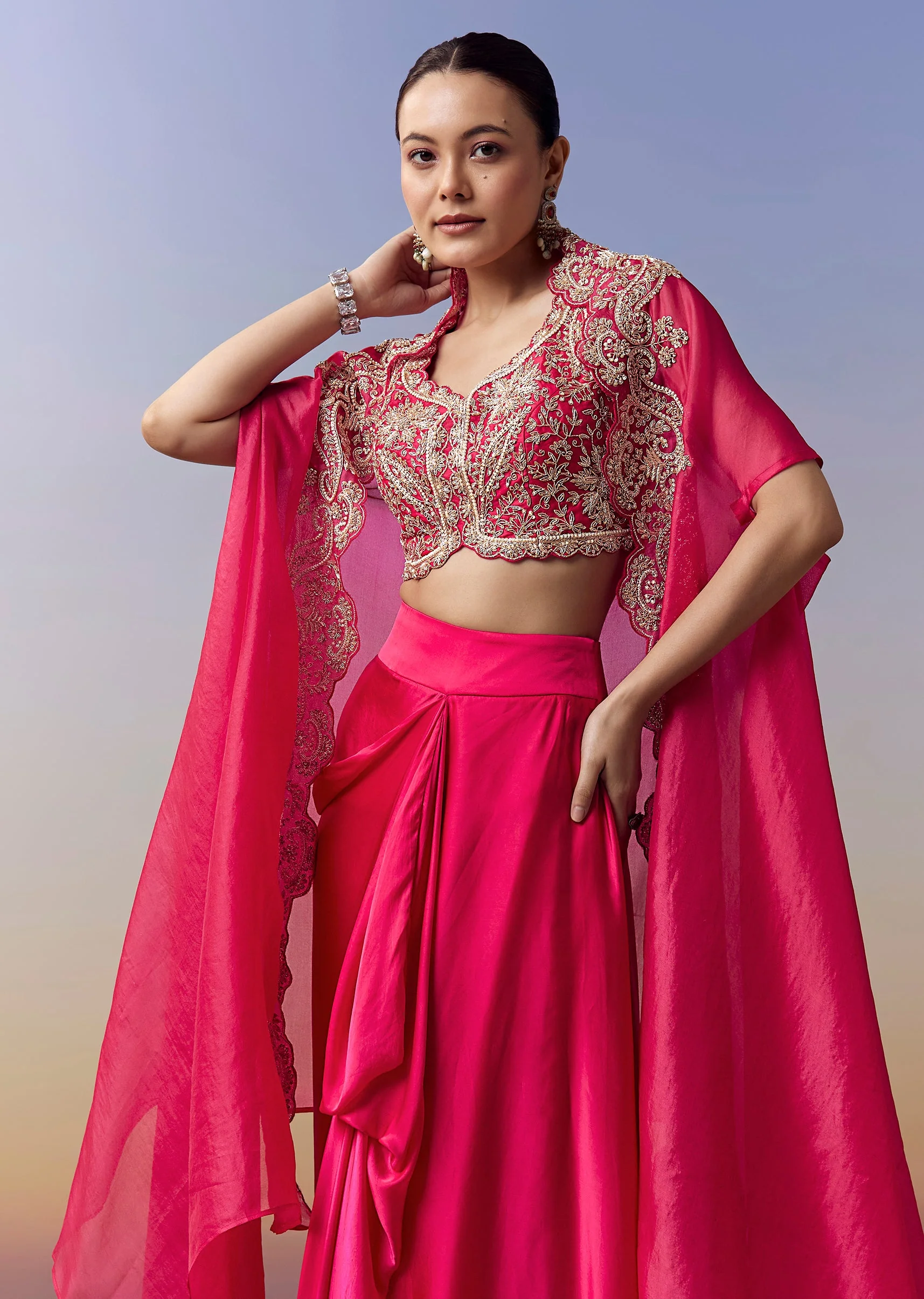 Hot Pink Indo Western Crop Top Skirt Set With Zardosi Work And Organza Cape - Image 4