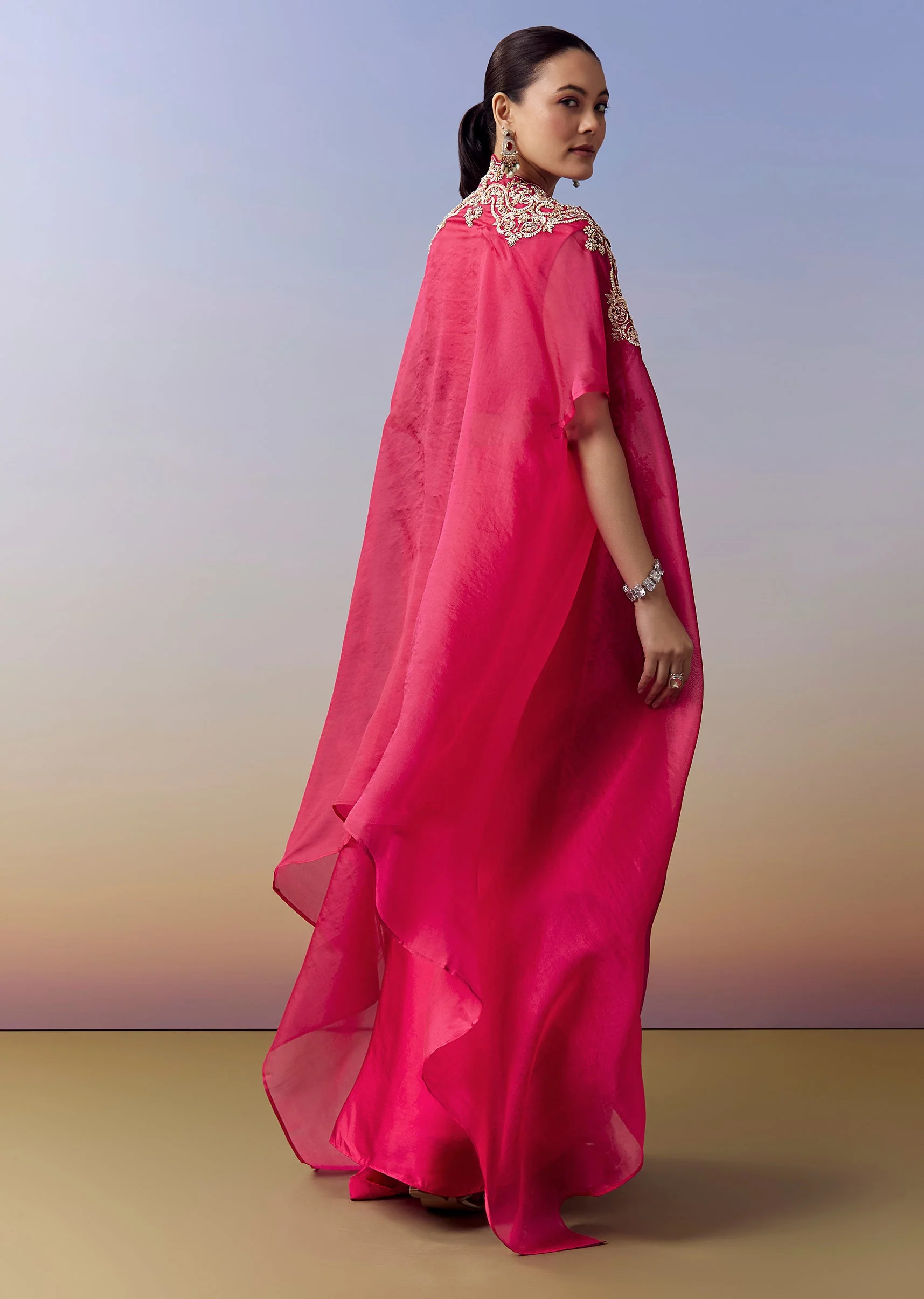 Hot Pink Indo Western Crop Top Skirt Set With Zardosi Work And Organza Cape - Image 5