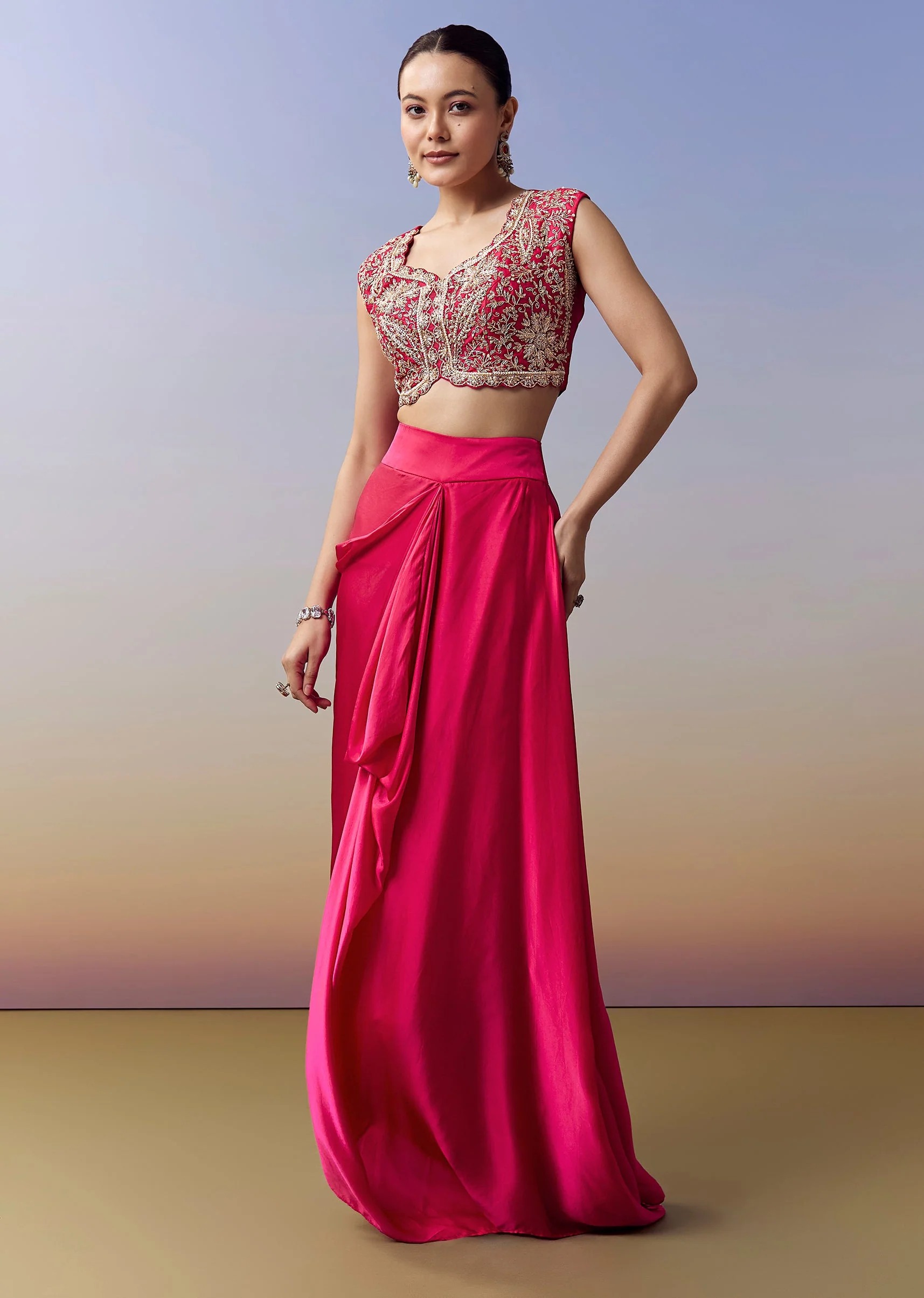 Hot Pink Indo Western Crop Top Skirt Set With Zardosi Work And Organza Cape - Image 6