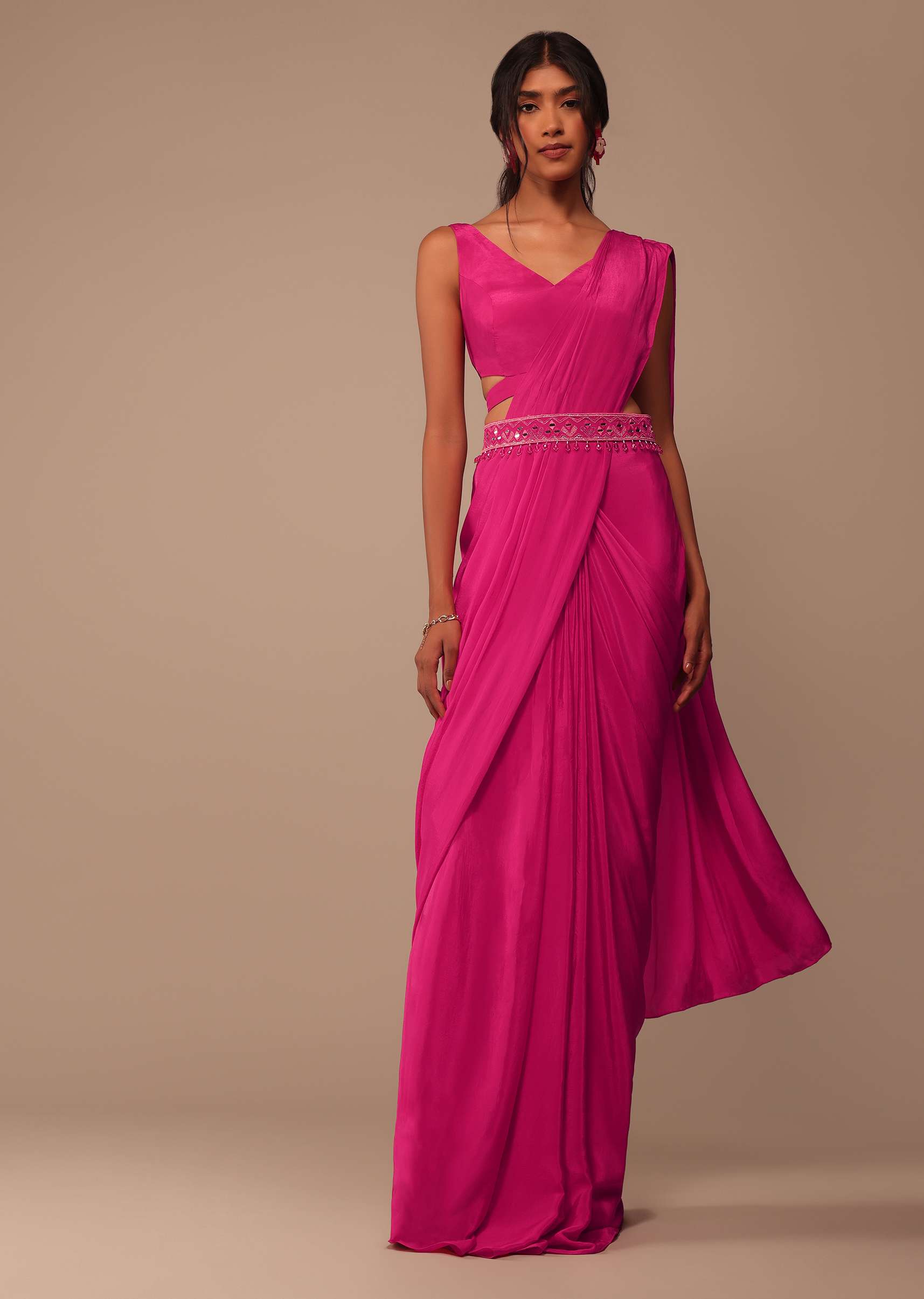 Hot Pink Indo-western Saree Set With Embroidered Belt - Image 3