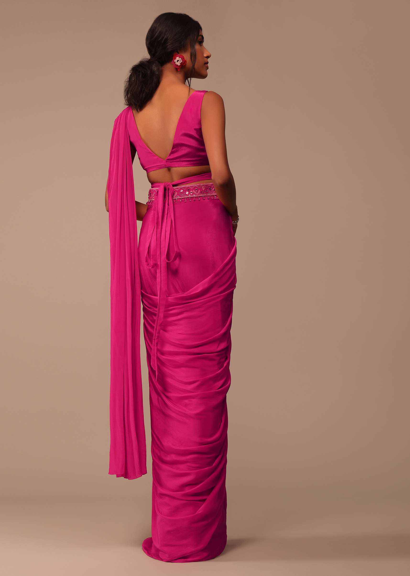 Hot Pink Indo-western Saree Set With Embroidered Belt - Image 4