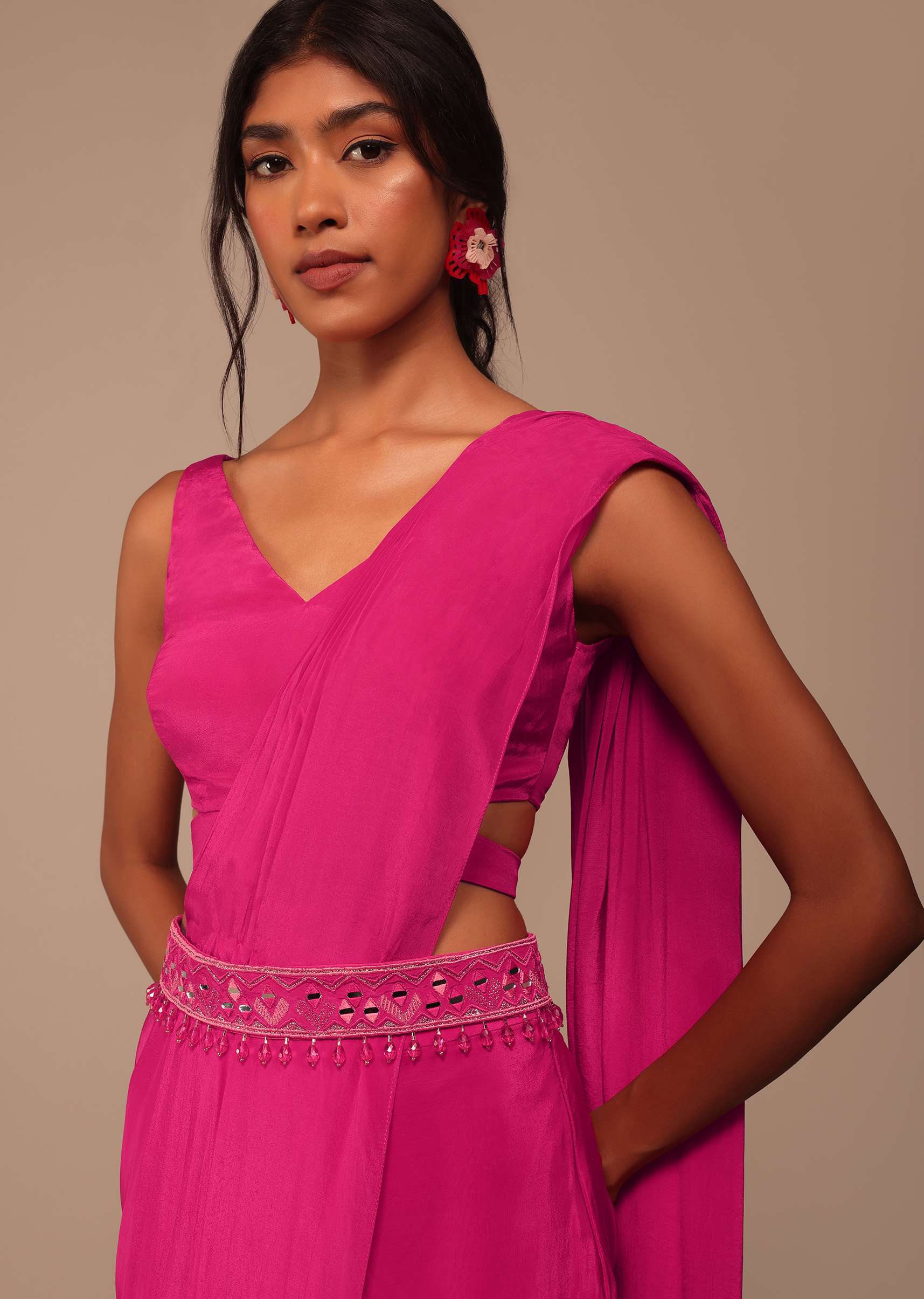 Hot Pink Indo-western Saree Set With Embroidered Belt - Image 5