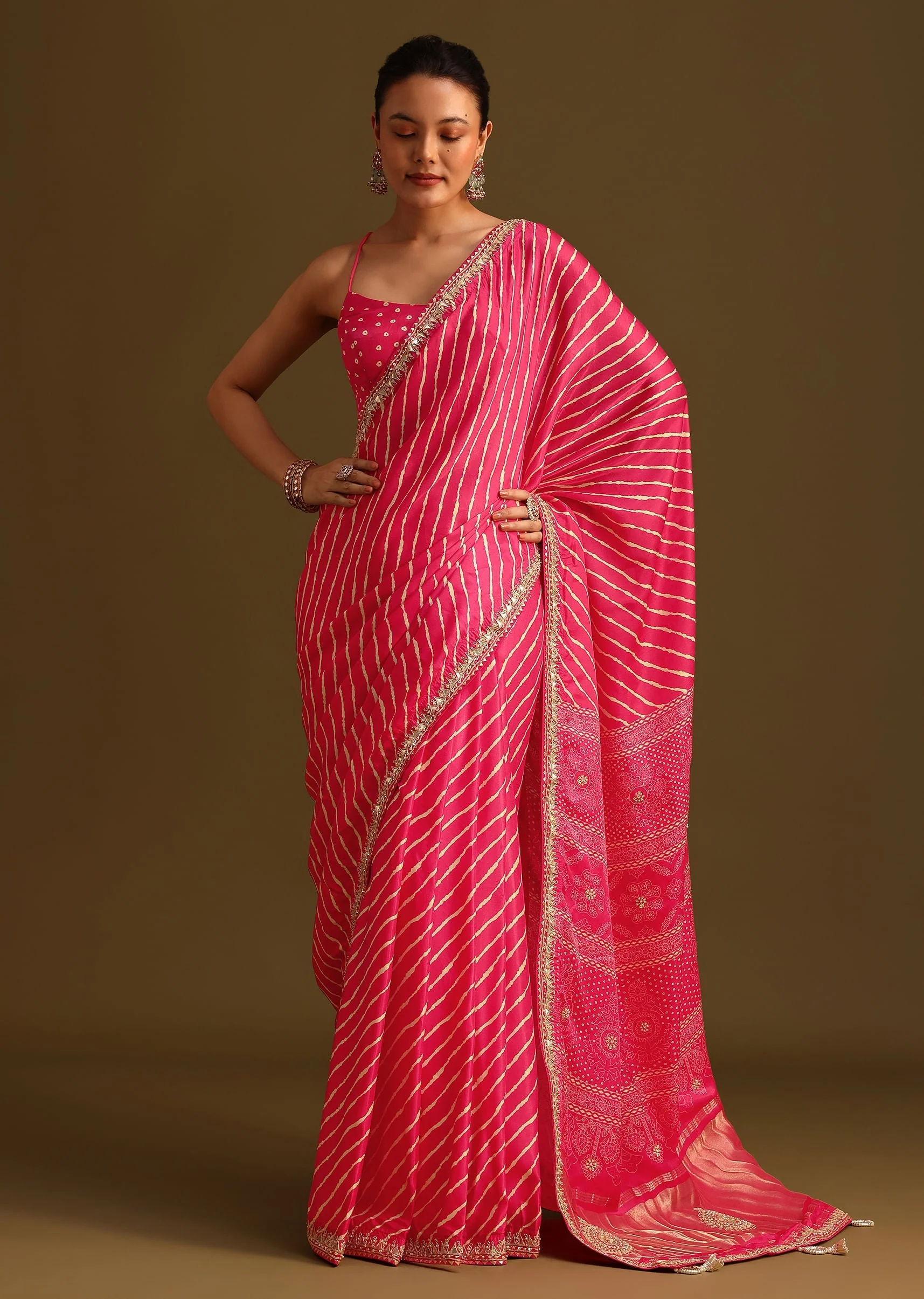Hot Pink Lehariya Saree In Gota Patti Work With Unstitched Blouse - Image 3