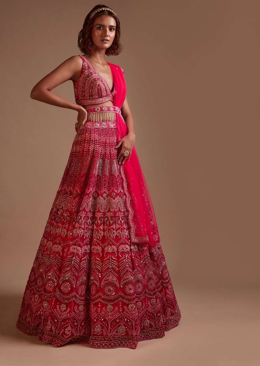 Hot Pink Lehenga Choli In Net With Mirror Work In Floral And Mughal Motifs Along With A Tassel Belt - Image 3