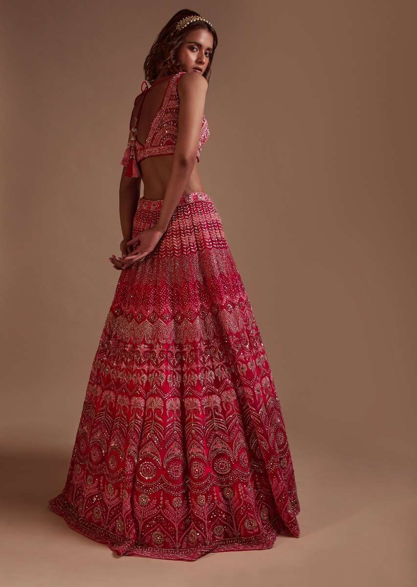 Hot Pink Lehenga Choli In Net With Mirror Work In Floral And Mughal Motifs Along With A Tassel Belt - Image 4