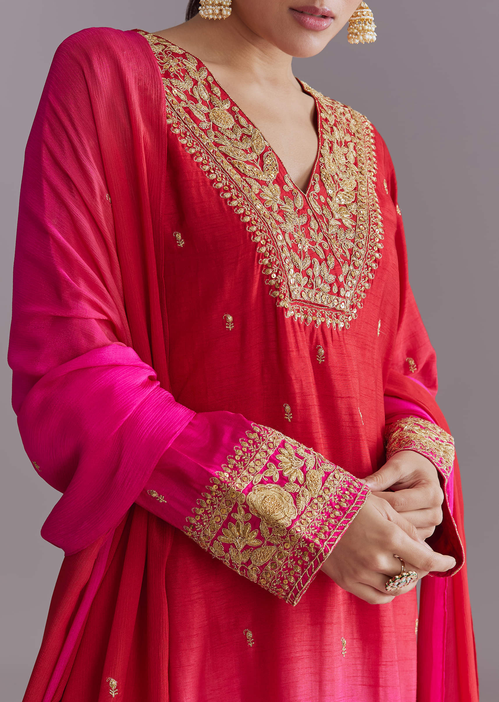 Hot Pink Ombre Silk Kurta Set With Zari Embroidery - Image 2