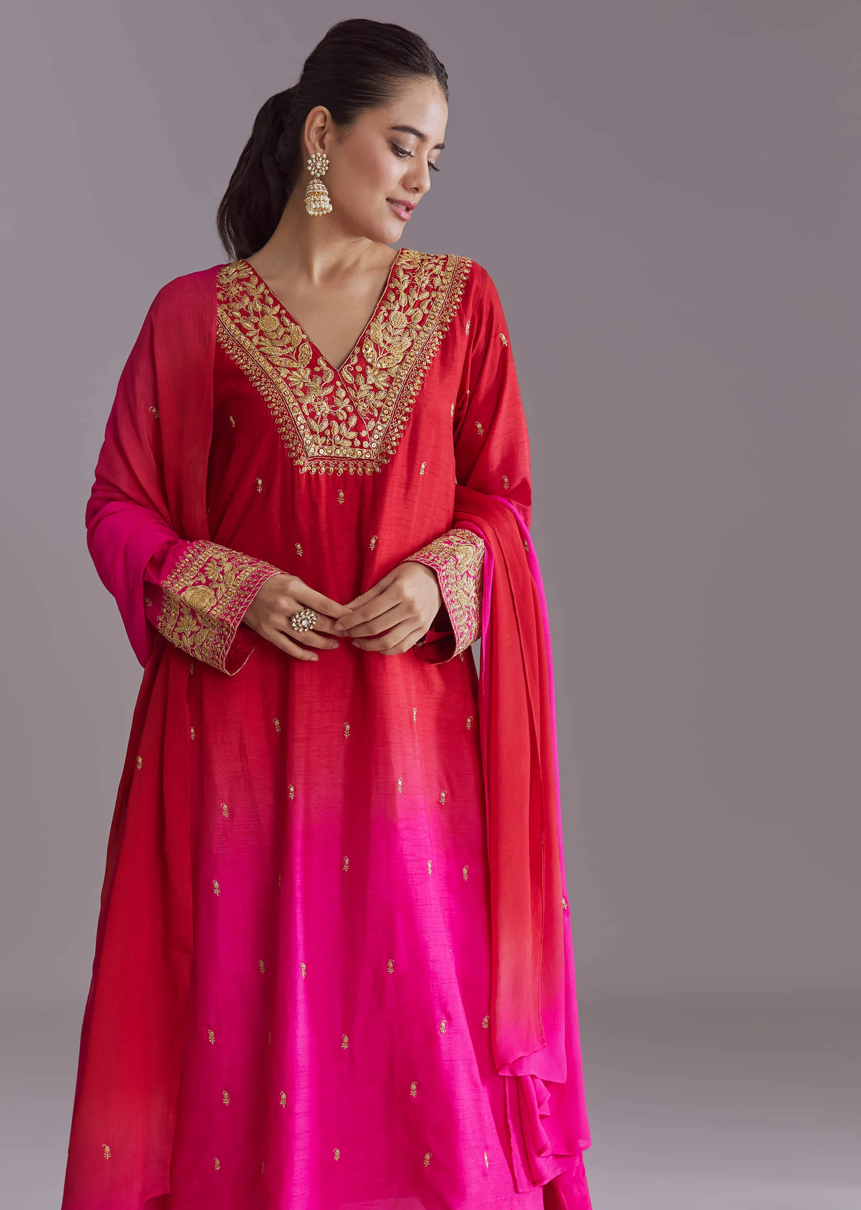 Hot Pink Ombre Silk Kurta Set With Zari Embroidery - Image 4