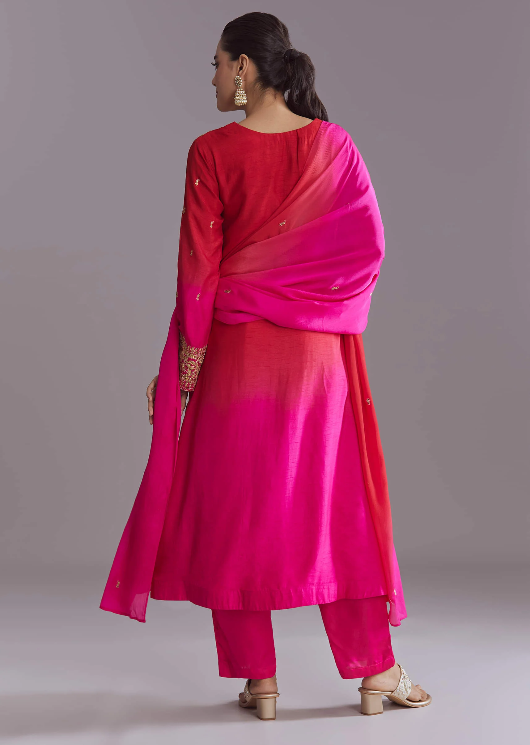 Hot Pink Ombre Silk Kurta Set With Zari Embroidery - Image 5