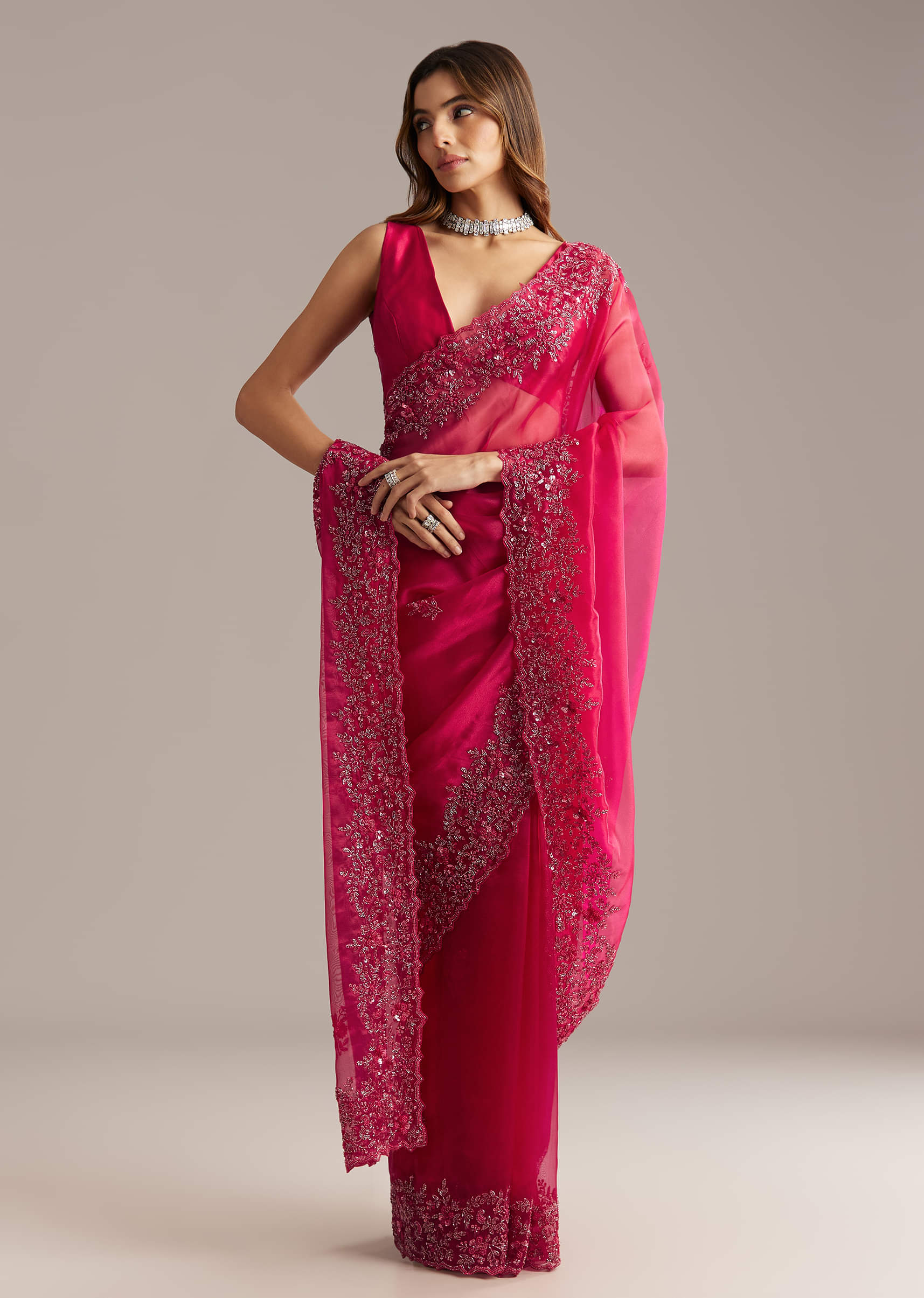 Hot Pink Organza Saree With Stone And Cutdana Embroidery - Image 4