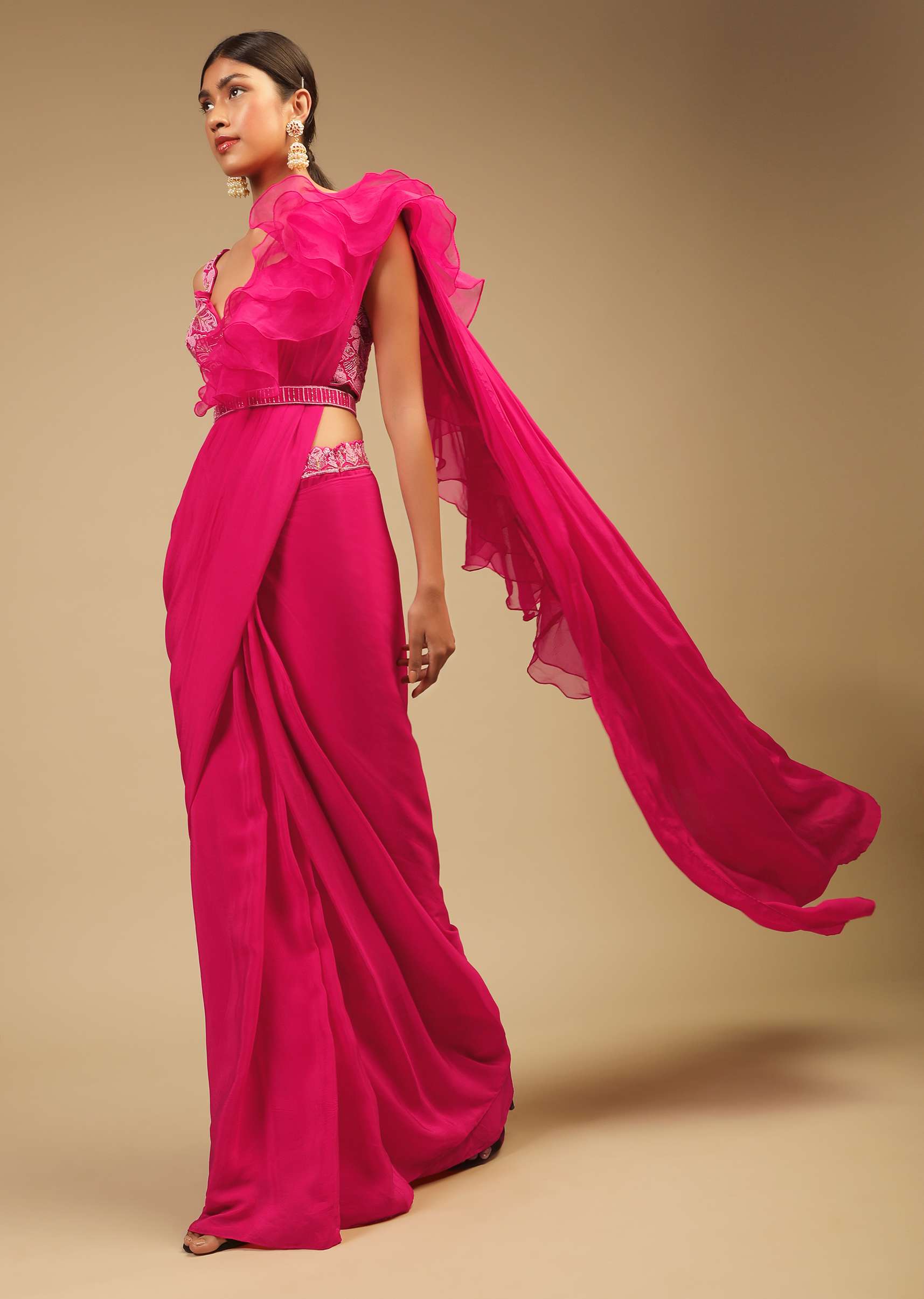 Hot Pink Readymade Saree In Crepe With Ruffle Frill On The Pallu And Beads Embroidered Crop Top And Belt - Image 3