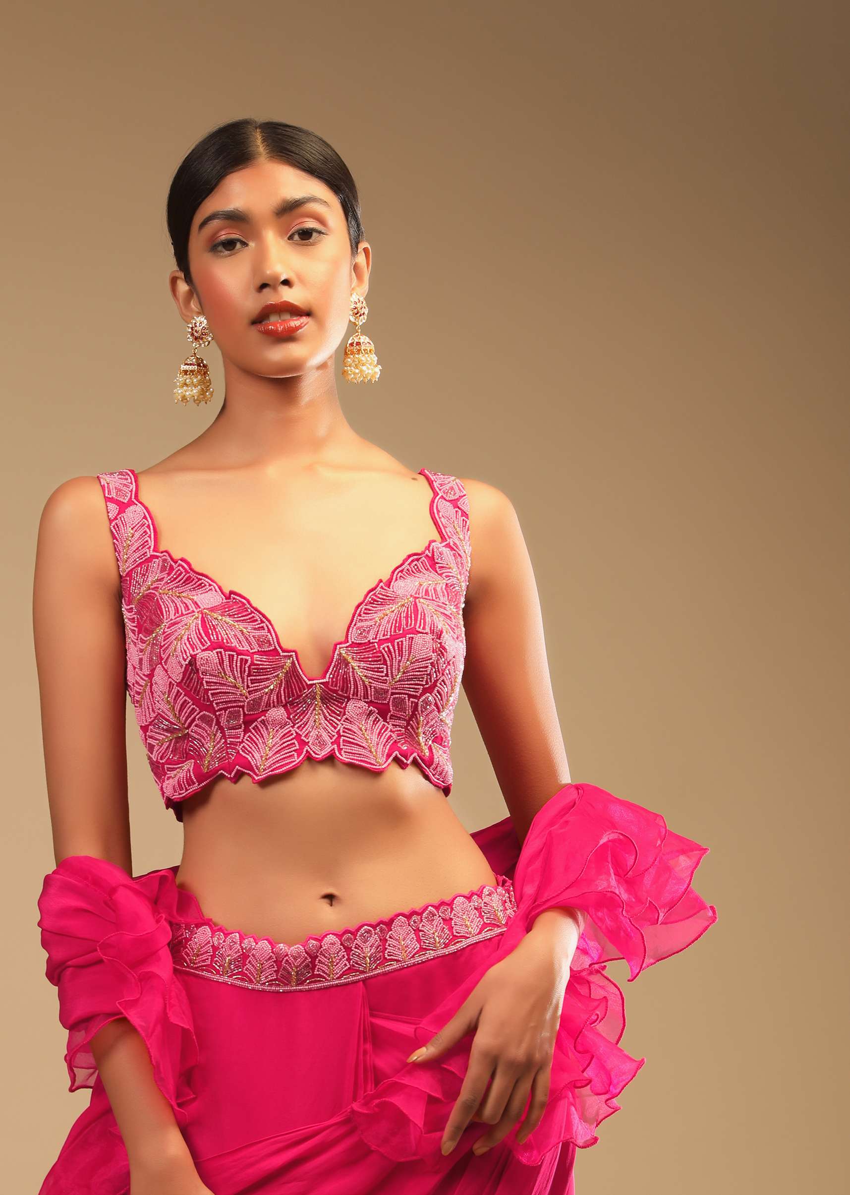 Hot Pink Readymade Saree In Crepe With Ruffle Frill On The Pallu And Beads Embroidered Crop Top And Belt - Image 4