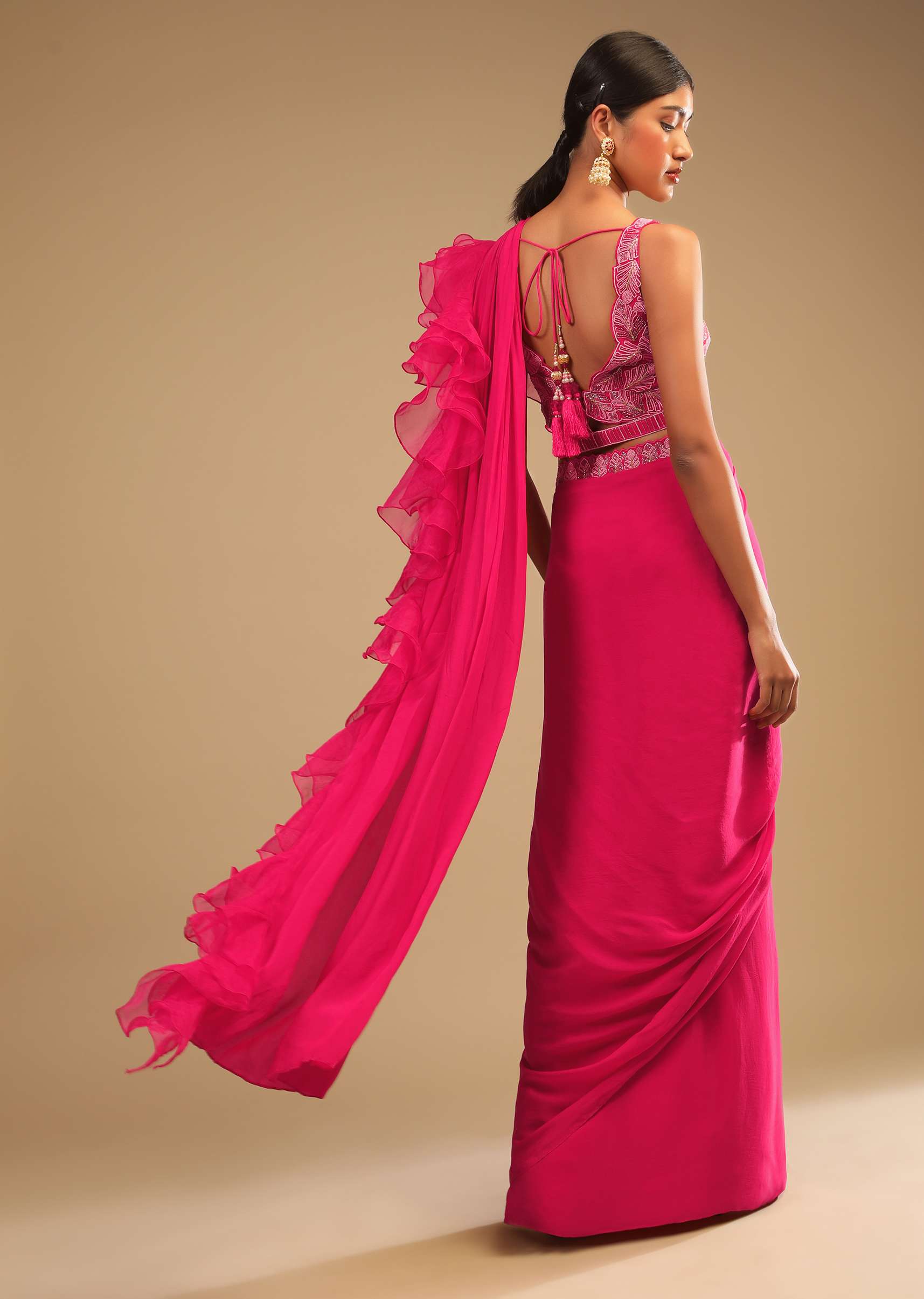 Hot Pink Readymade Saree In Crepe With Ruffle Frill On The Pallu And Beads Embroidered Crop Top And Belt - Image 5