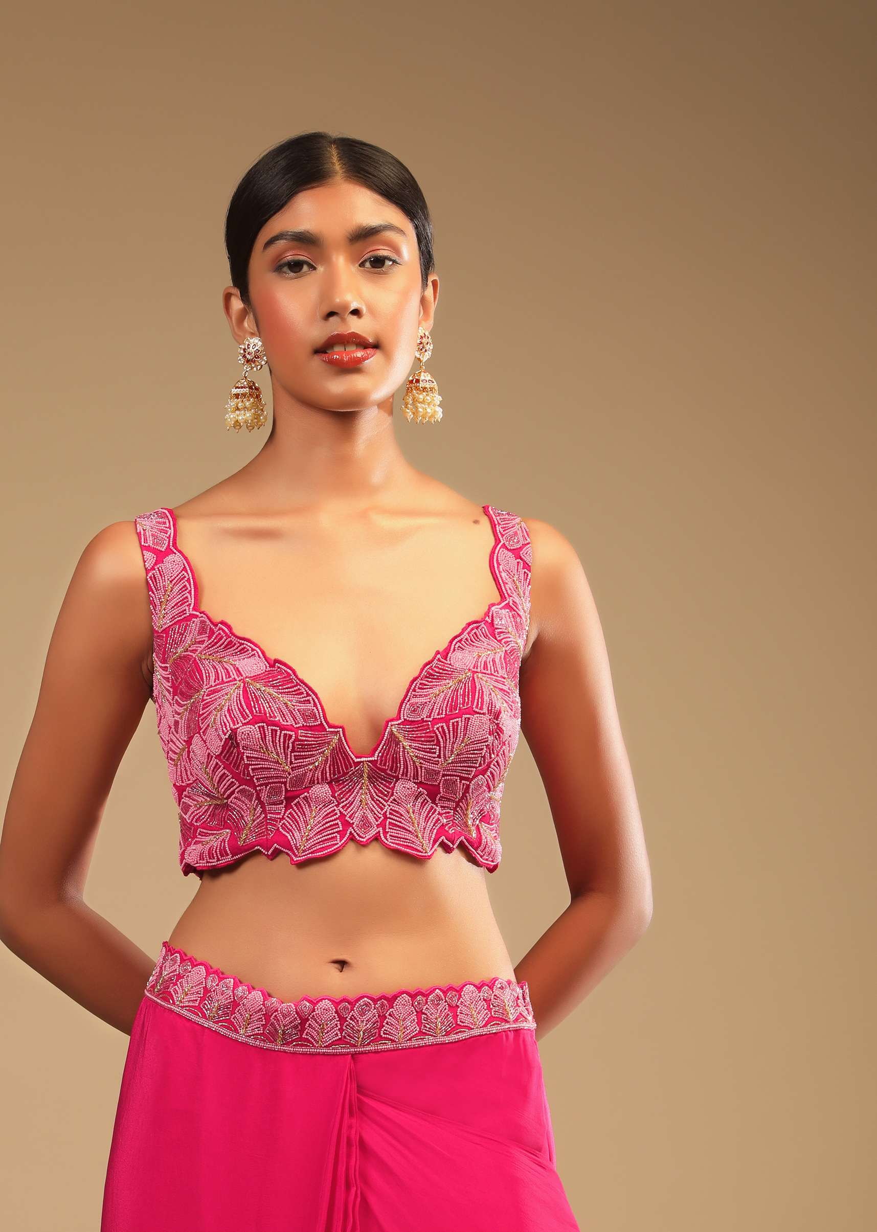 Hot Pink Readymade Saree In Crepe With Ruffle Frill On The Pallu And Beads Embroidered Crop Top And Belt - Image 6