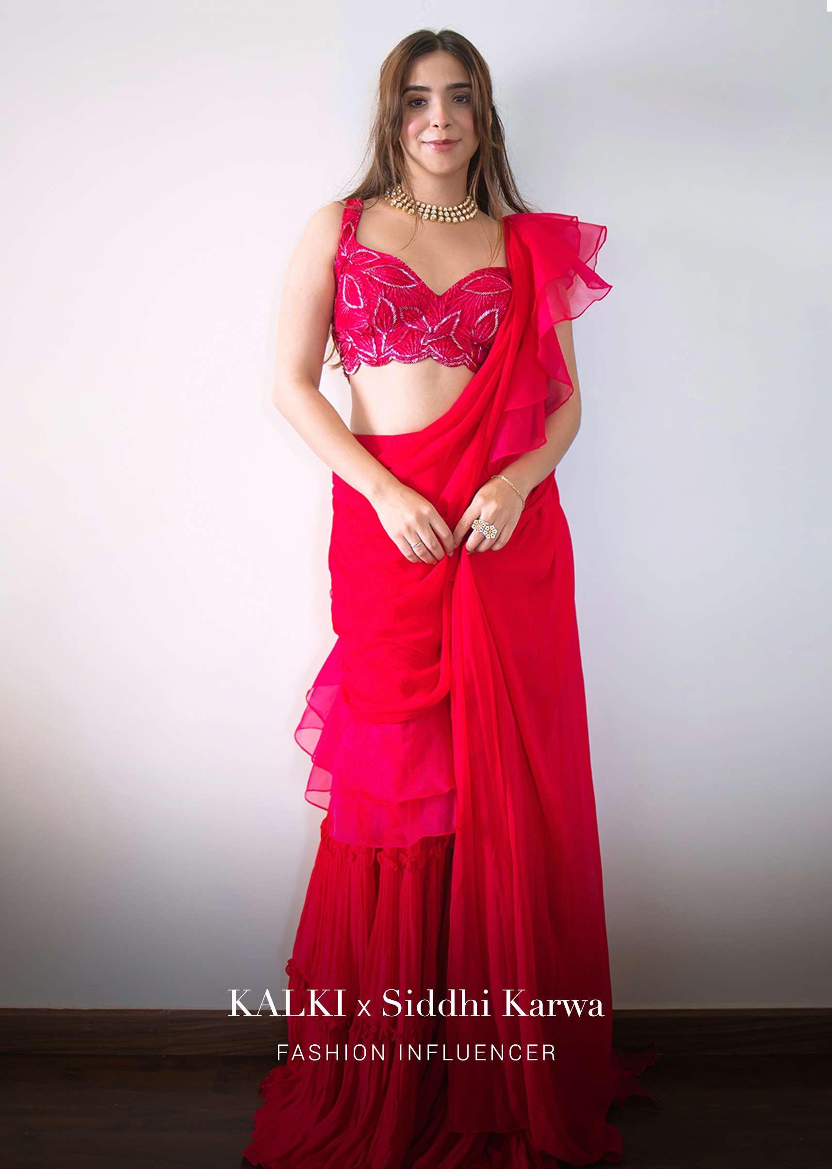 Hot Pink Readymade Saree In Crepe With Ruffle Frill On The Pallu And Beads Embroidered Crop Top And Belt - Image 8