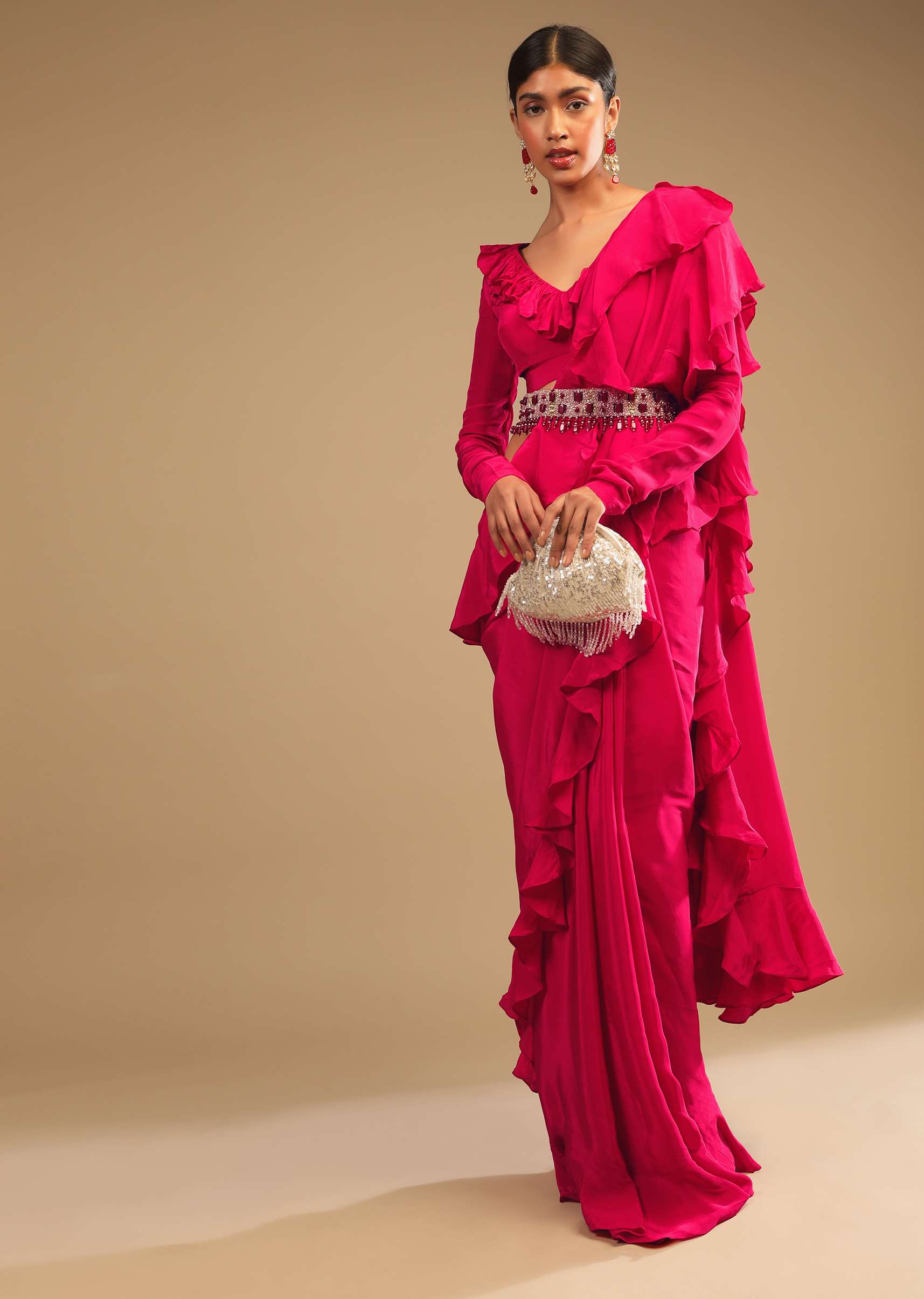 Hot Pink Saree With Ruffle Pallu, Stone Embellished Belt And A Ruffle Blouse With Side Cut Outs - Image 3
