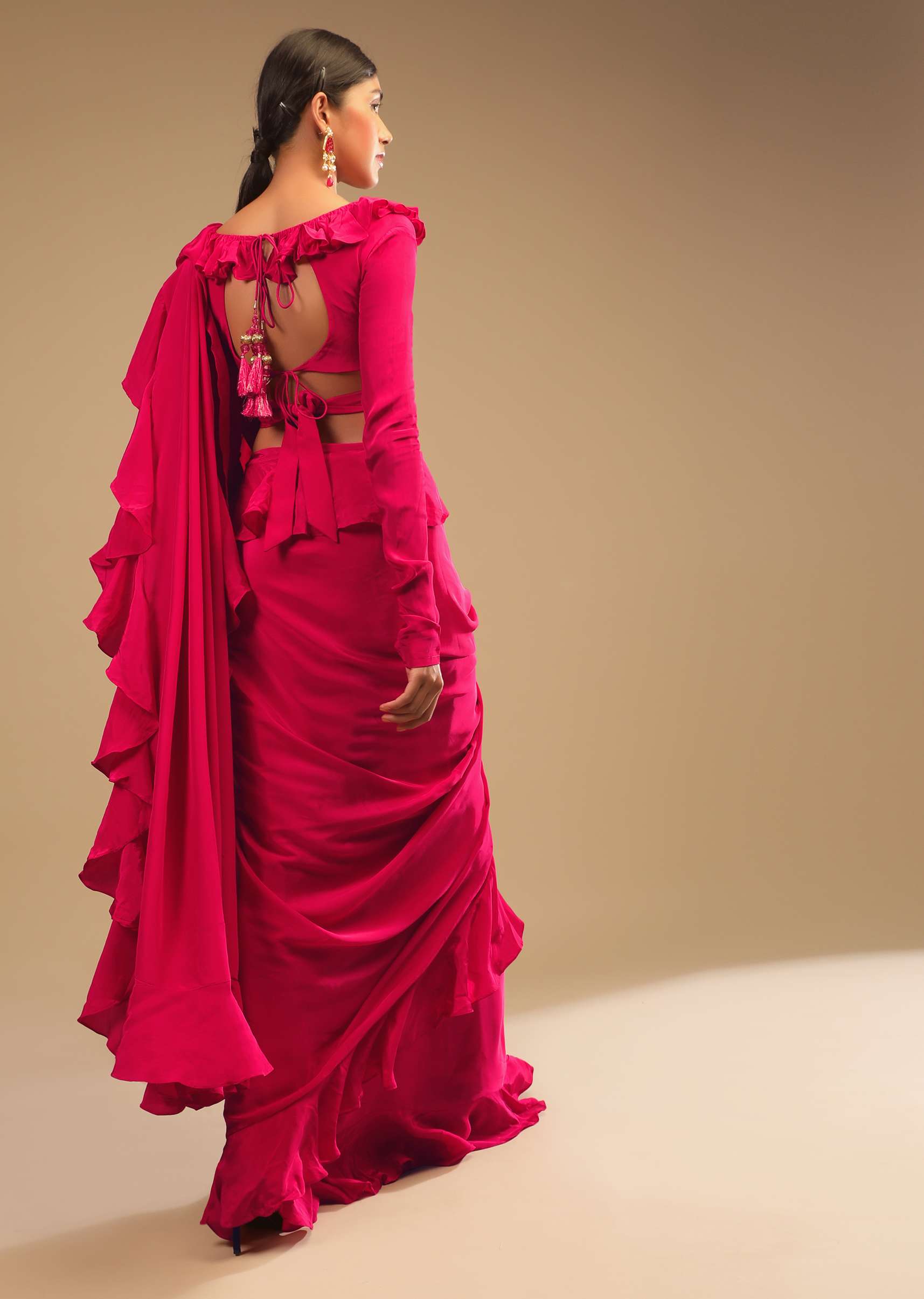 Hot Pink Saree With Ruffle Pallu, Stone Embellished Belt And A Ruffle Blouse With Side Cut Outs - Image 4