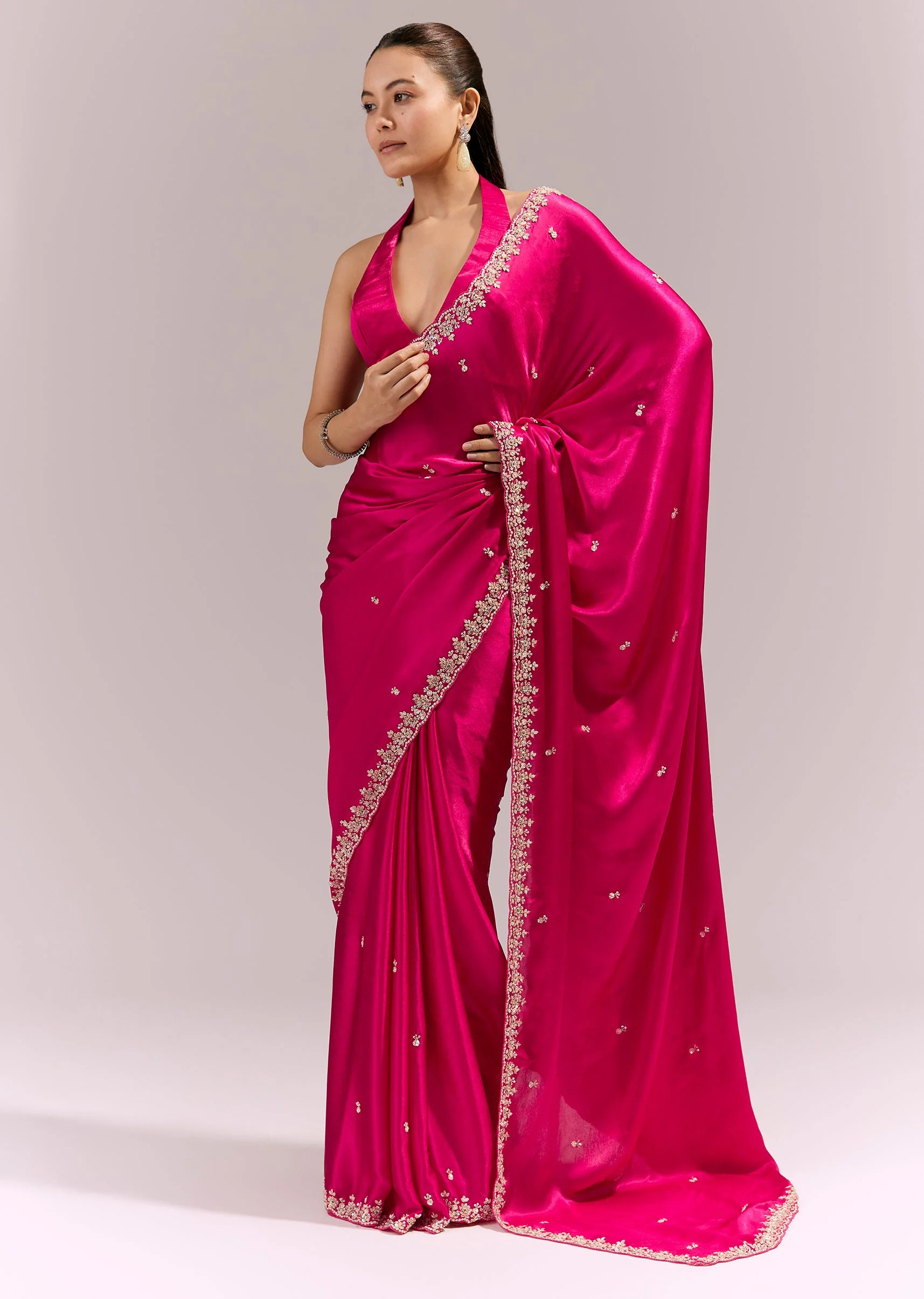 Hot Pink Satin Chinon Saree With Hand Embroidered Border And Buttis - Image 3
