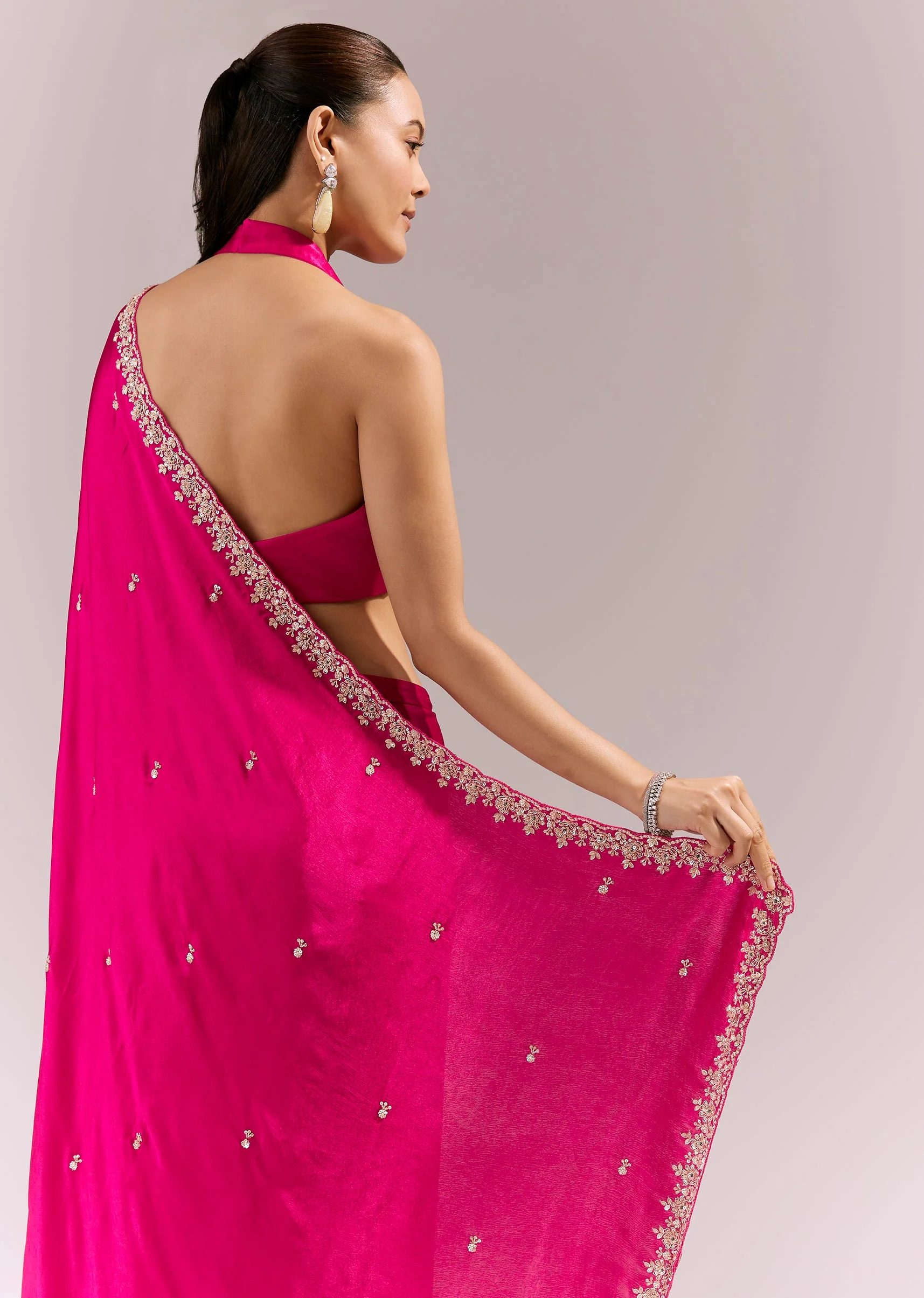 Hot Pink Satin Chinon Saree With Hand Embroidered Border And Buttis - Image 6