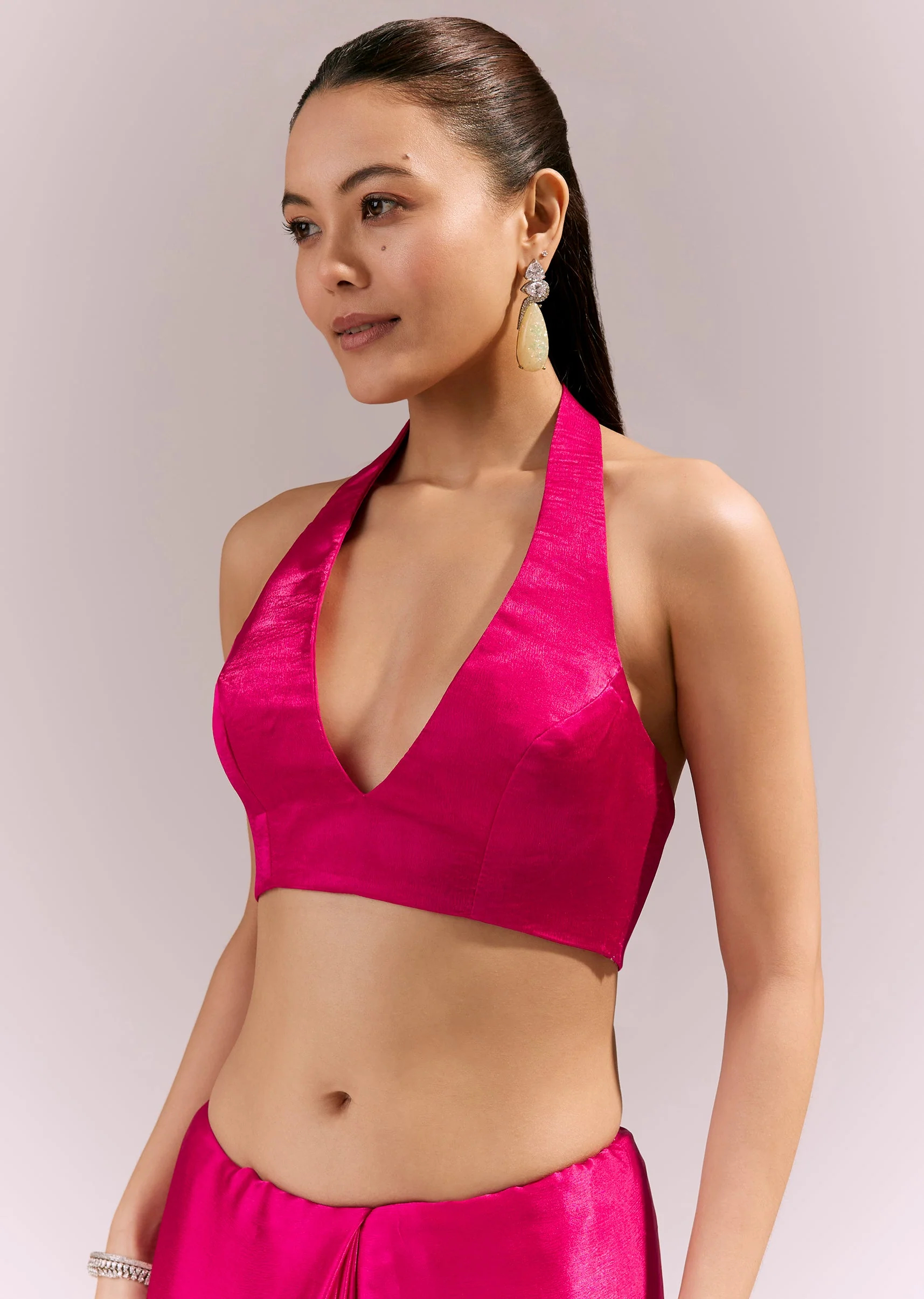 Hot Pink Satin Chinon Saree With Hand Embroidered Border And Buttis - Image 7