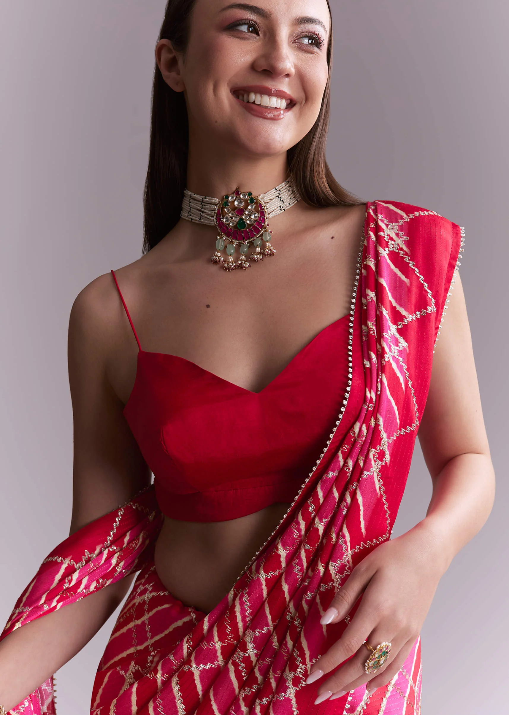 Hot Pink Satin Printed Saree With Criss Cross Stripes - Image 2