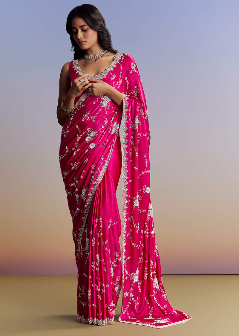 Hot Pink Satin Saree With All Over Jaal Embroidery In Cutdana And Sequins - Image 3