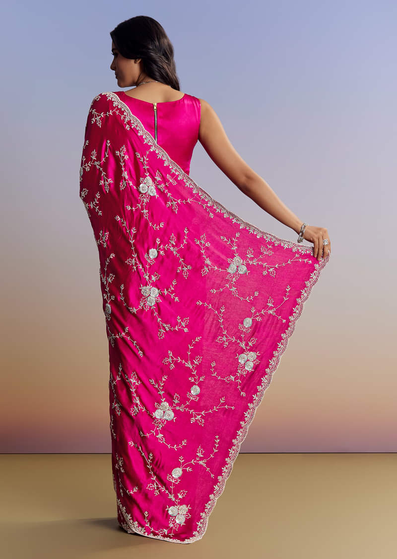 Hot Pink Satin Saree With All Over Jaal Embroidery In Cutdana And Sequins - Image 4