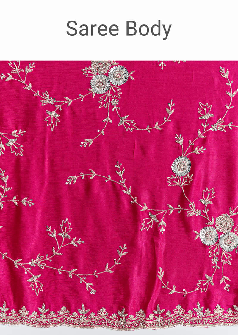 Hot Pink Satin Saree With All Over Jaal Embroidery In Cutdana And Sequins - Image 9