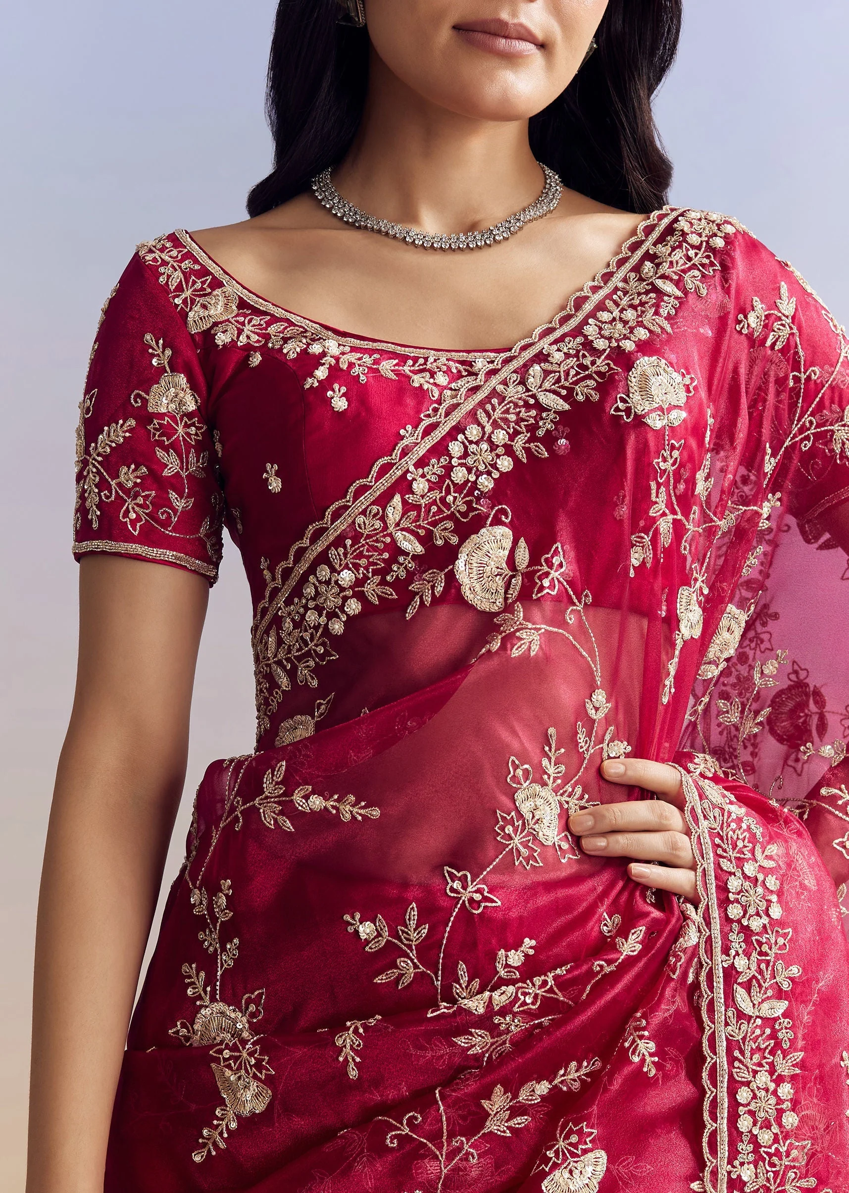 Hot Pink Satin Saree With Floral Embroidery In Sequins And Cutdana - Image 2