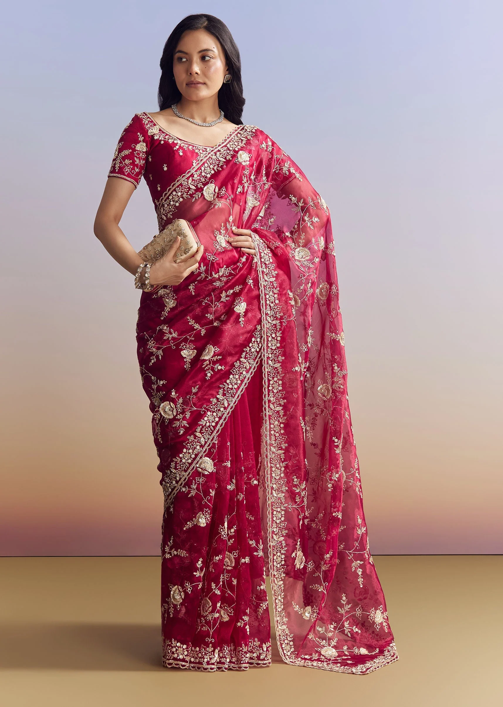 Hot Pink Satin Saree With Floral Embroidery In Sequins And Cutdana - Image 3