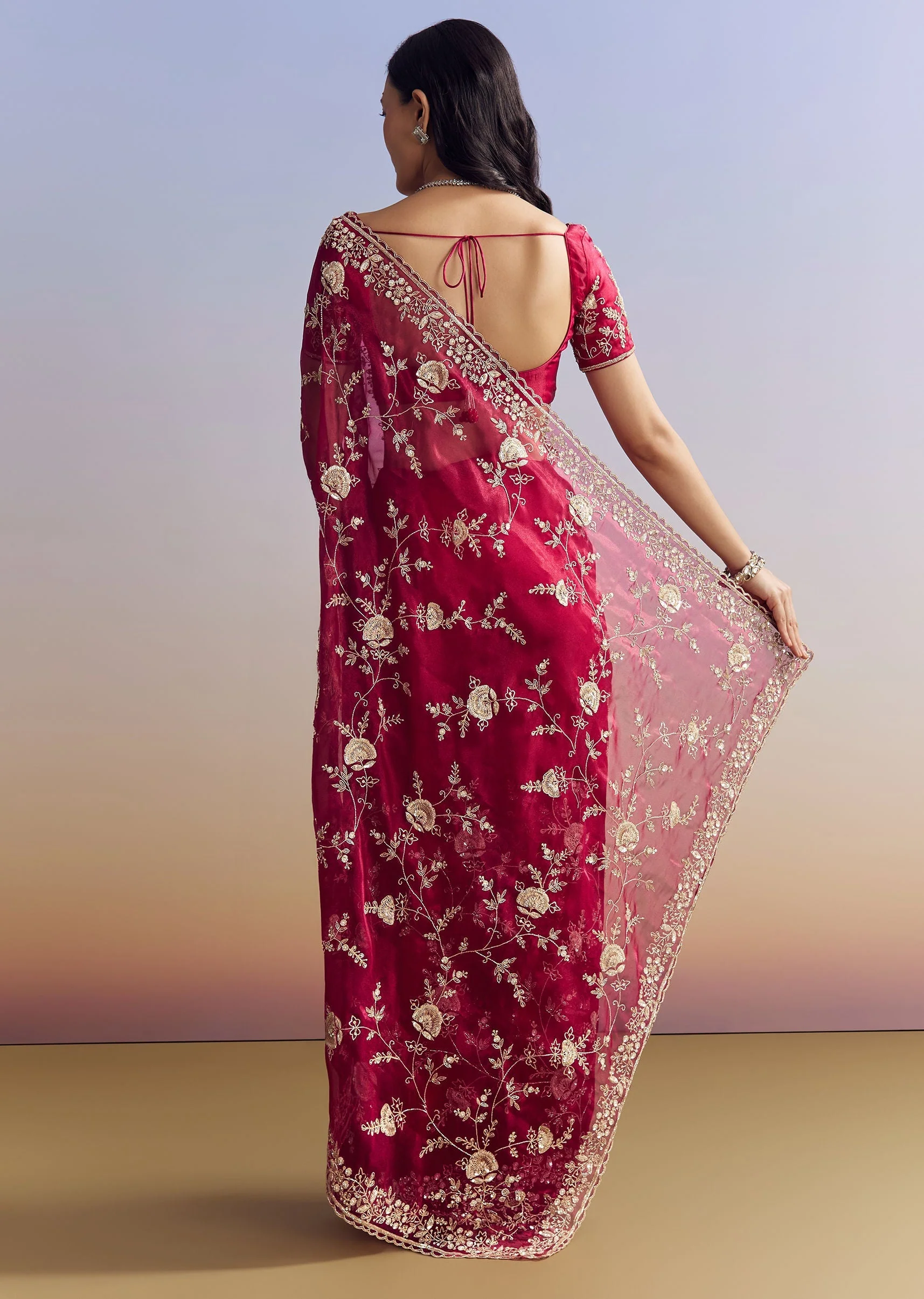 Hot Pink Satin Saree With Floral Embroidery In Sequins And Cutdana - Image 4