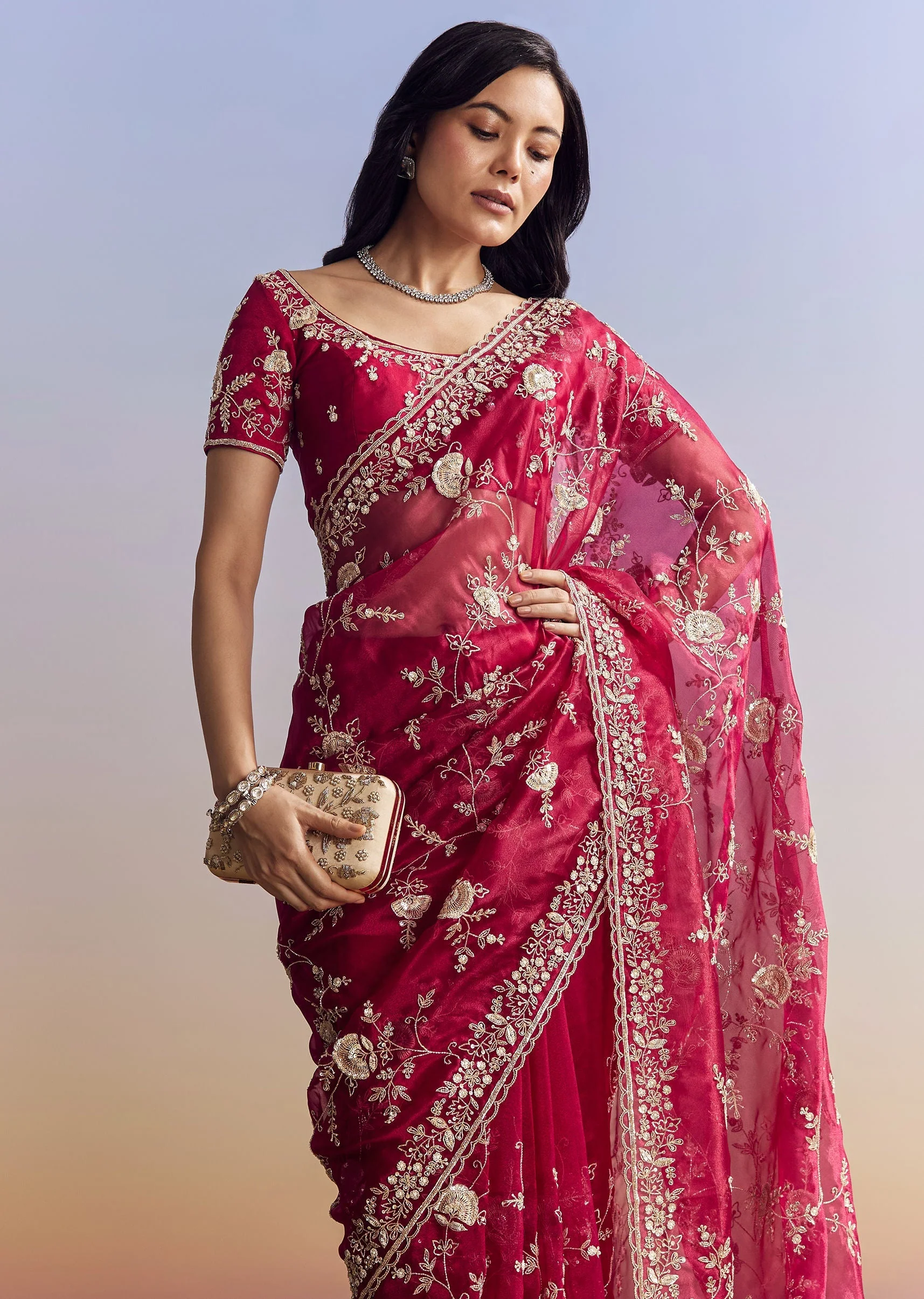Hot Pink Satin Saree With Floral Embroidery In Sequins And Cutdana - Image 5