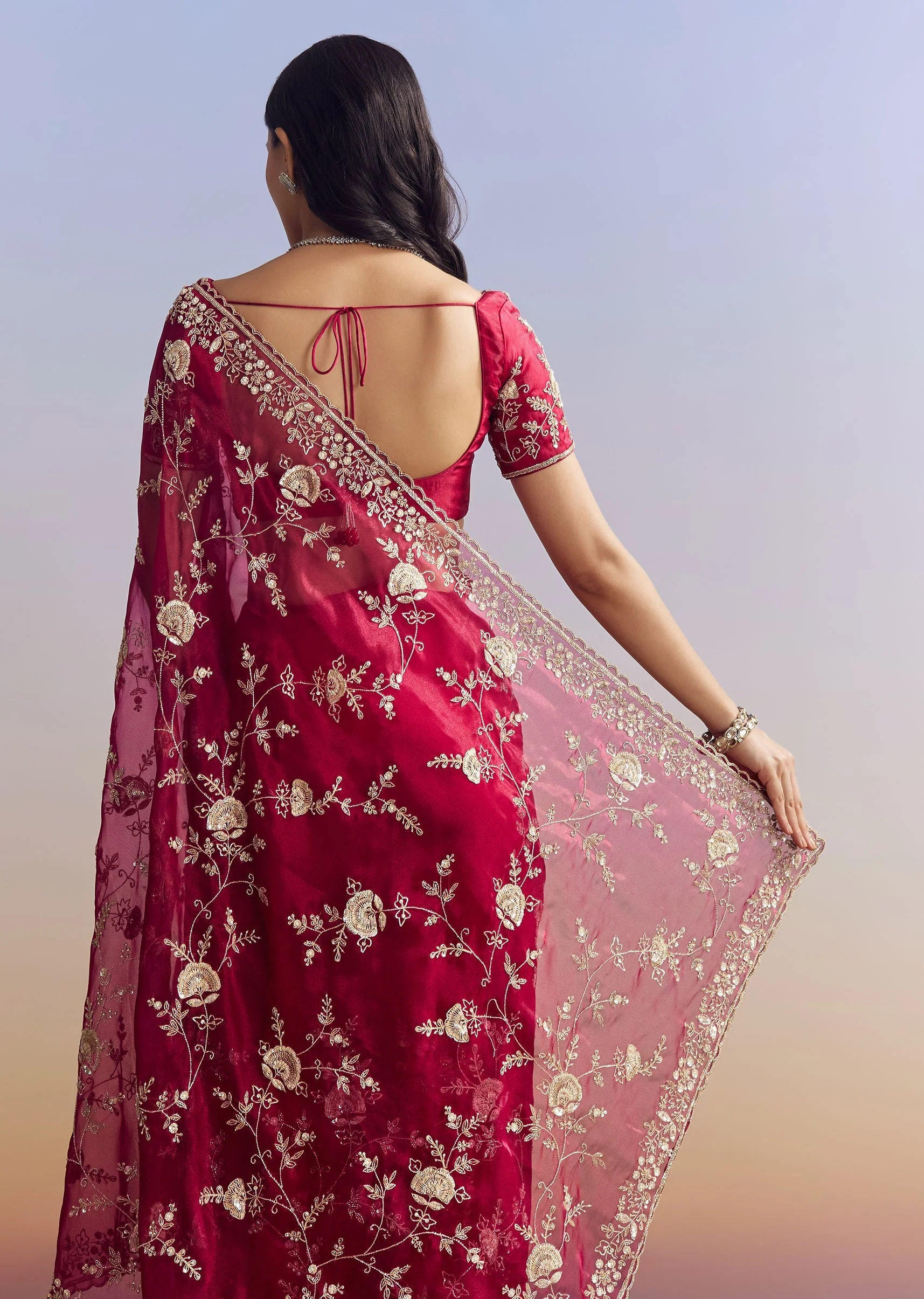 Hot Pink Satin Saree With Floral Embroidery In Sequins And Cutdana - Image 6