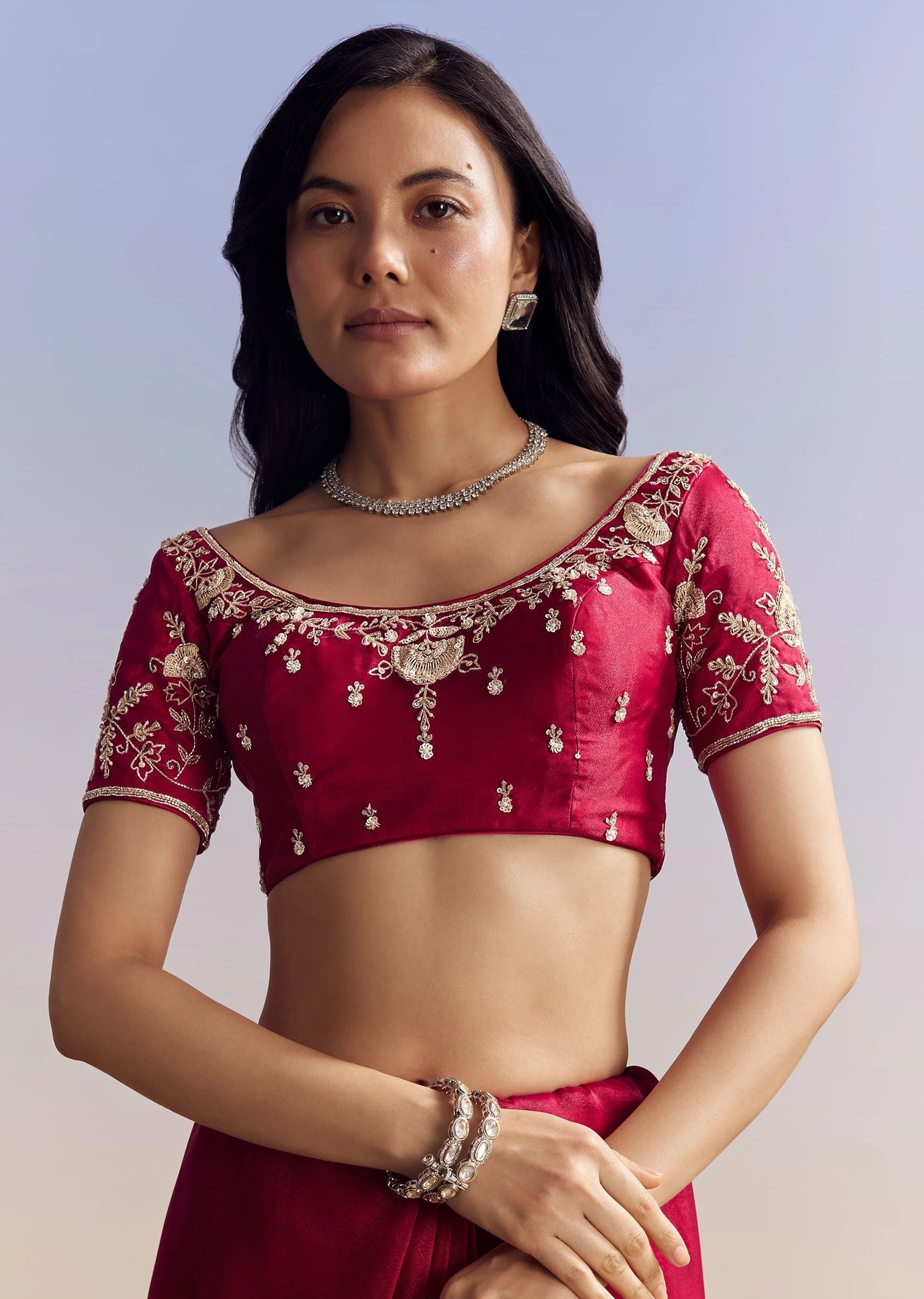 Hot Pink Satin Saree With Floral Embroidery In Sequins And Cutdana - Image 7