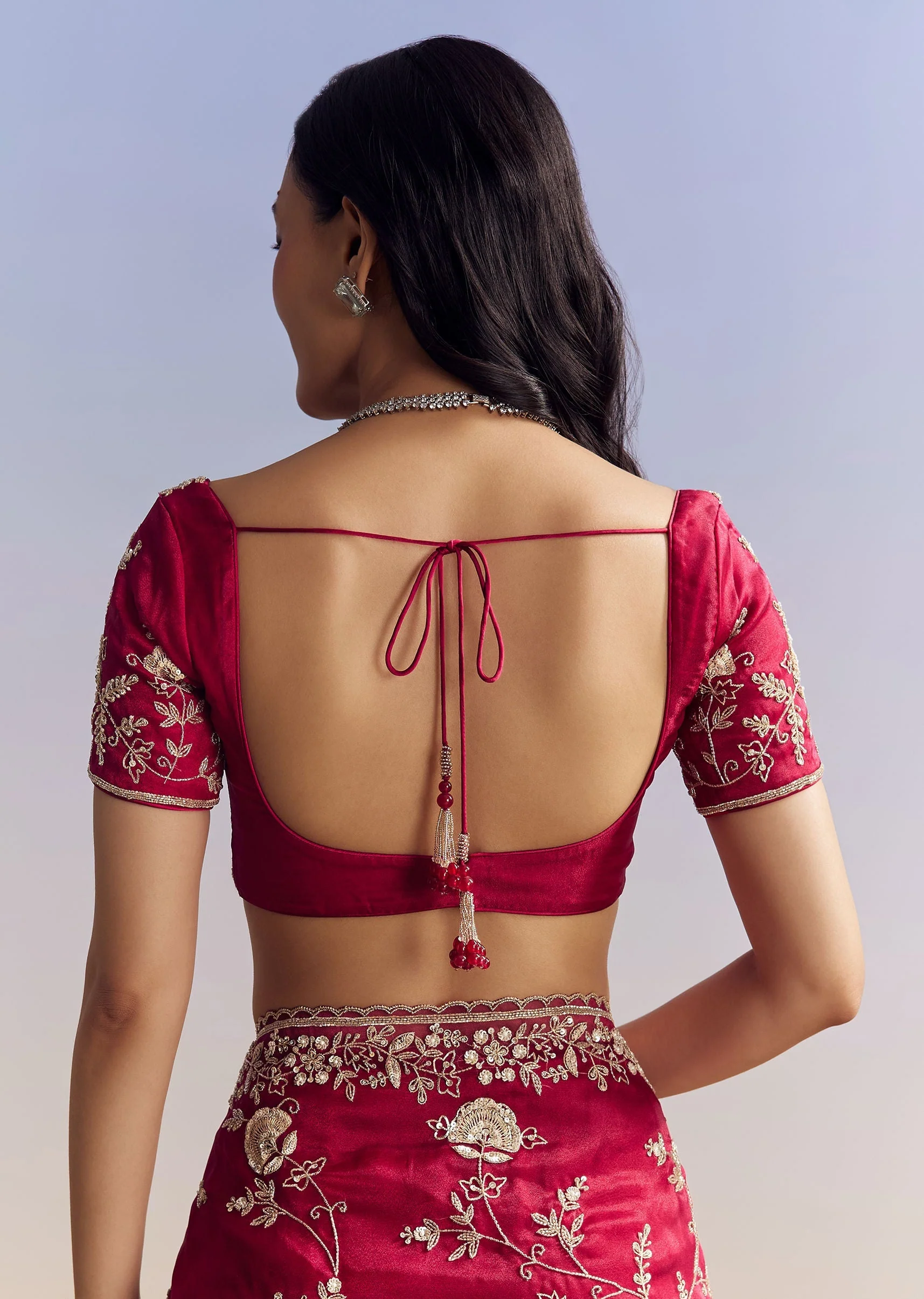 Hot Pink Satin Saree With Floral Embroidery In Sequins And Cutdana - Image 8