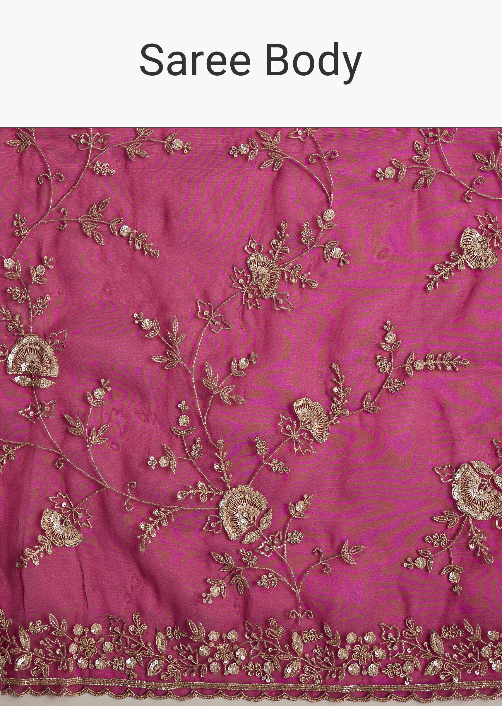 Hot Pink Satin Saree With Floral Embroidery In Sequins And Cutdana - Image 9