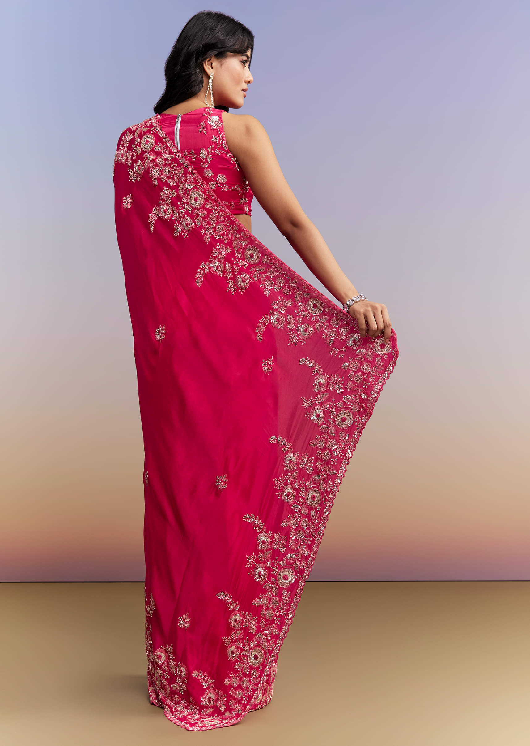 Hot Pink Satin Saree With Heavy Embroidered Details - Image 4