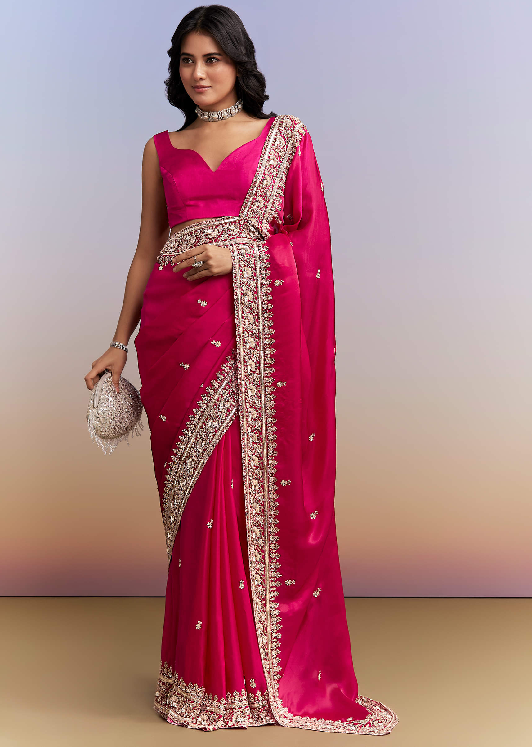 Hot Pink Satin Saree With Heavy Hand Embroidery - Image 3