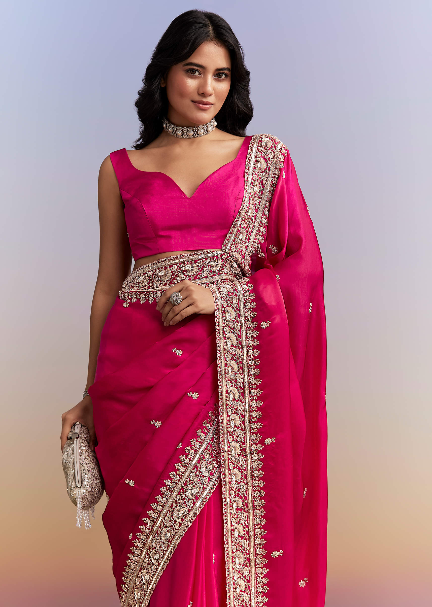 Hot Pink Satin Saree With Heavy Hand Embroidery - Image 5