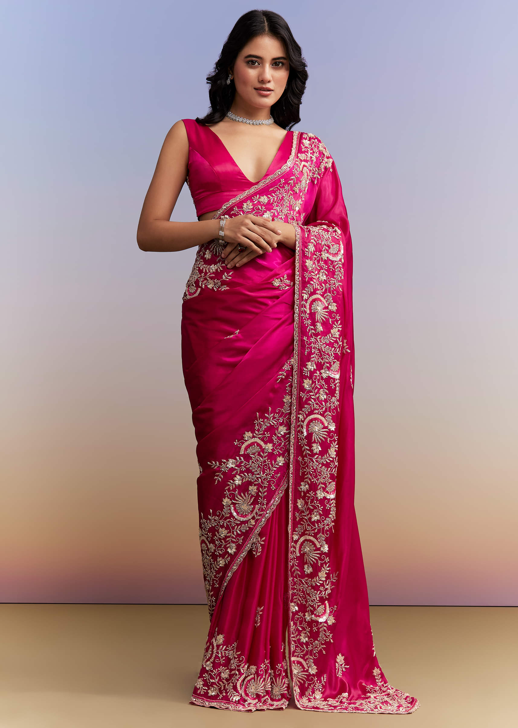 Hot Pink Satin Saree With Heavy Hand Work - Image 3