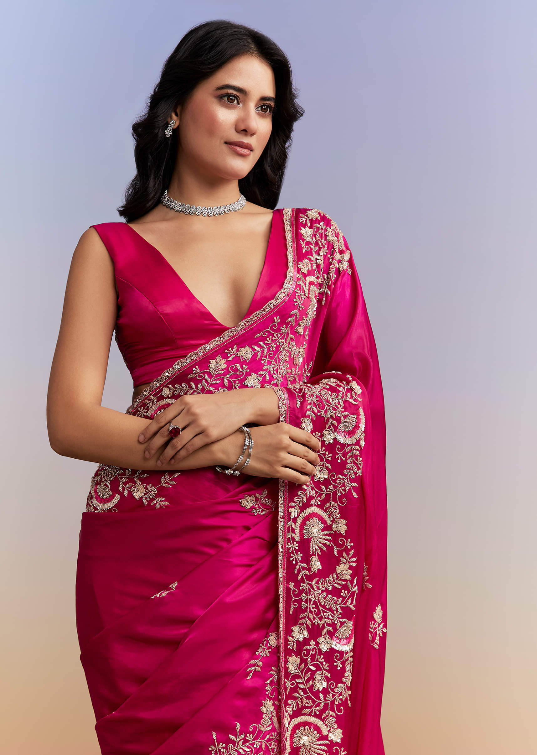 Hot Pink Satin Saree With Heavy Hand Work - Image 5