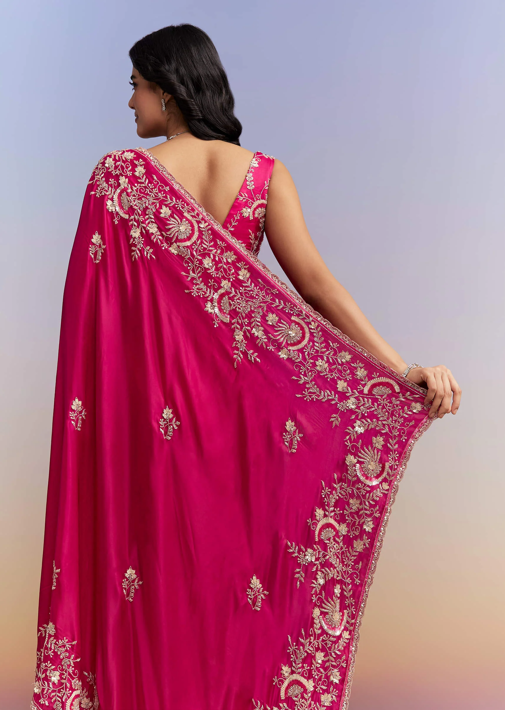 Hot Pink Satin Saree With Heavy Hand Work - Image 6