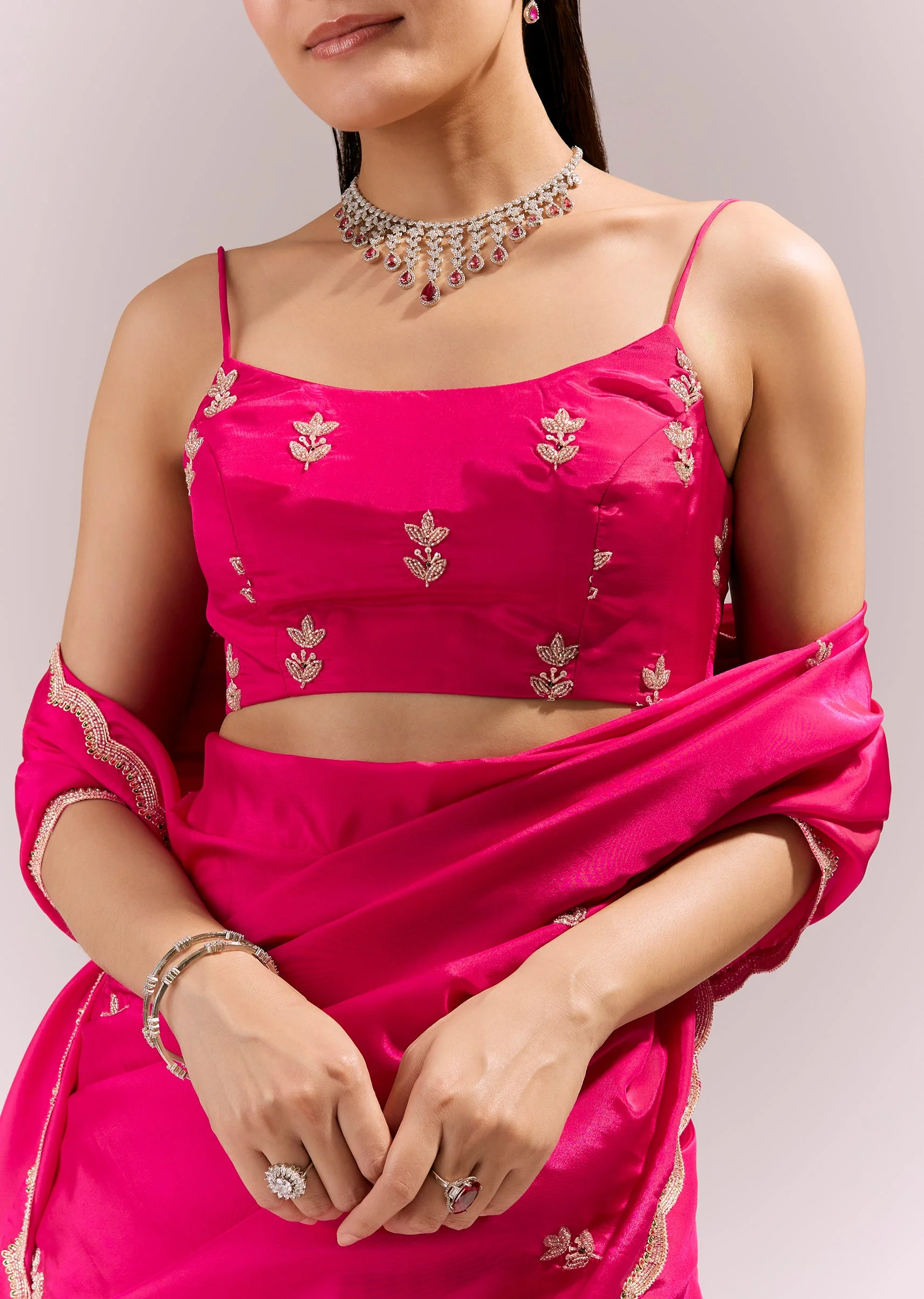 Hot Pink Satin Saree With Scalloped Embroidered Border And Butti - Image 2