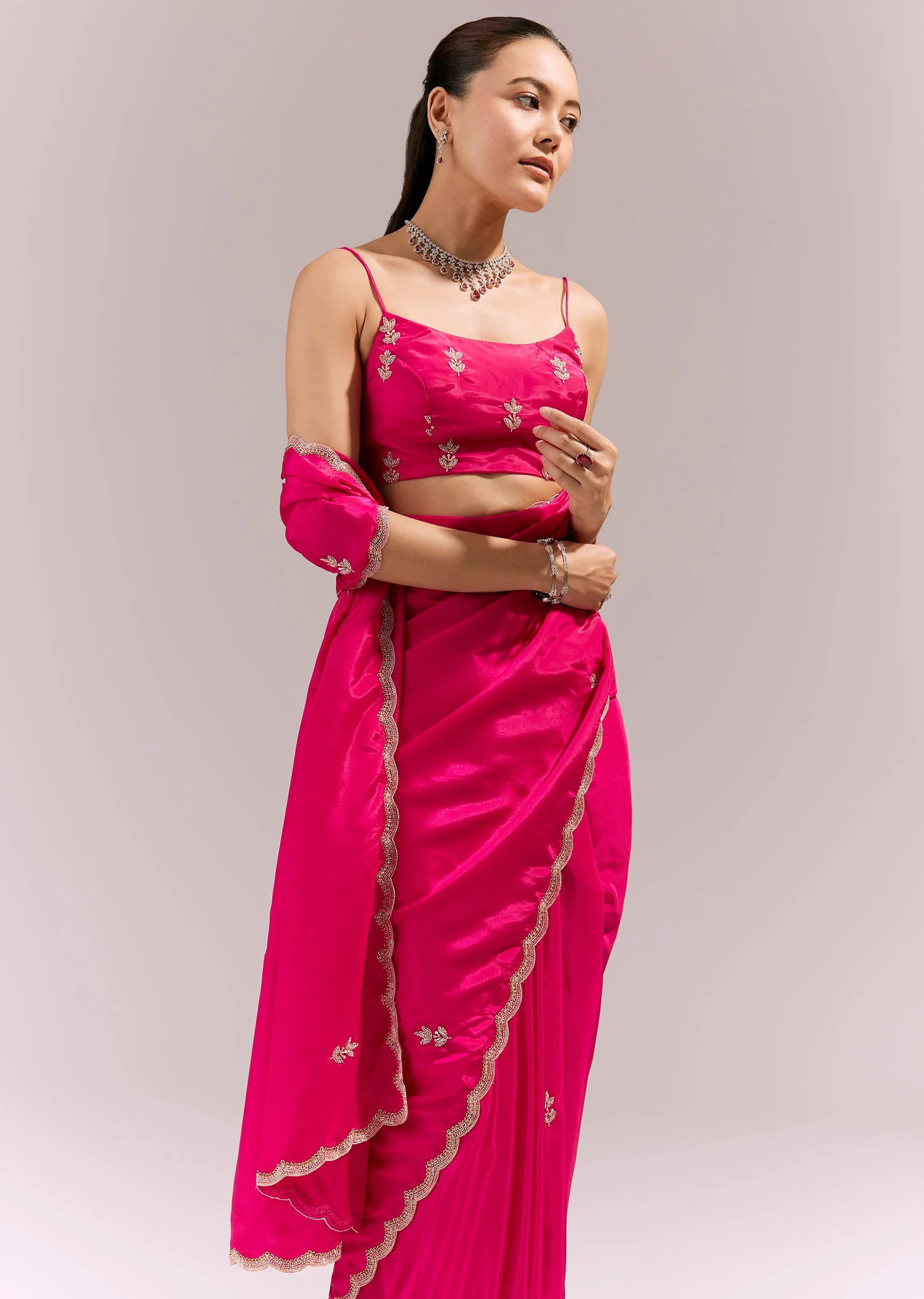 Hot Pink Satin Saree With Scalloped Embroidered Border And Butti - Image 5