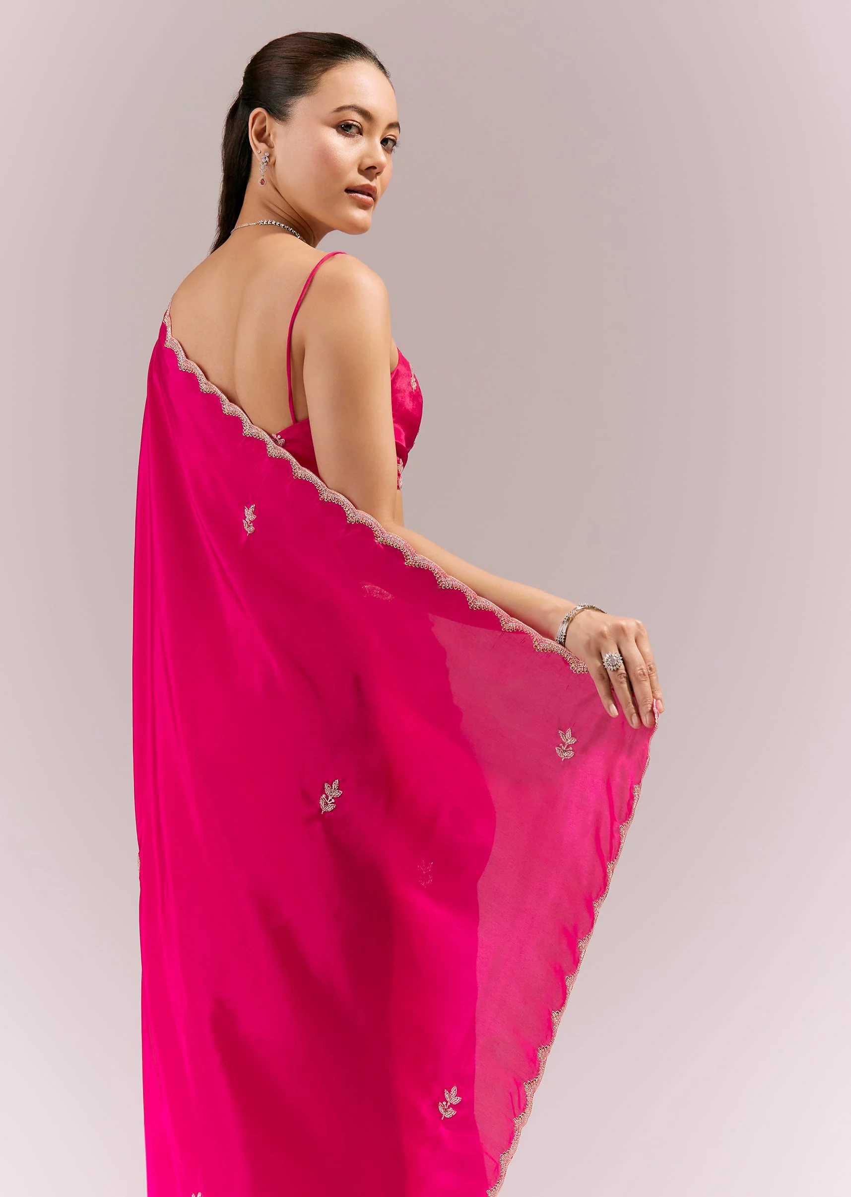 Hot Pink Satin Saree With Scalloped Embroidered Border And Butti - Image 6
