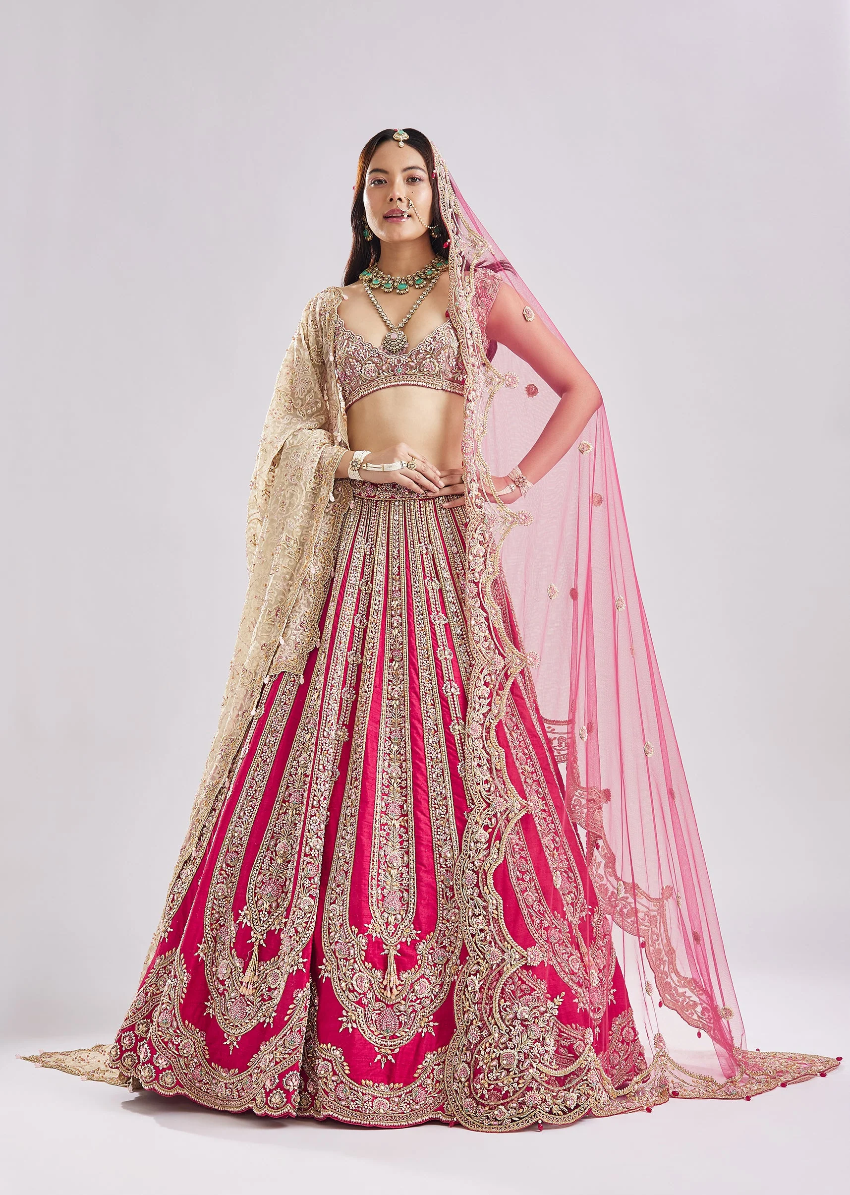 Hot Pink Self Gold Embroidery Bridal Set - Image 4