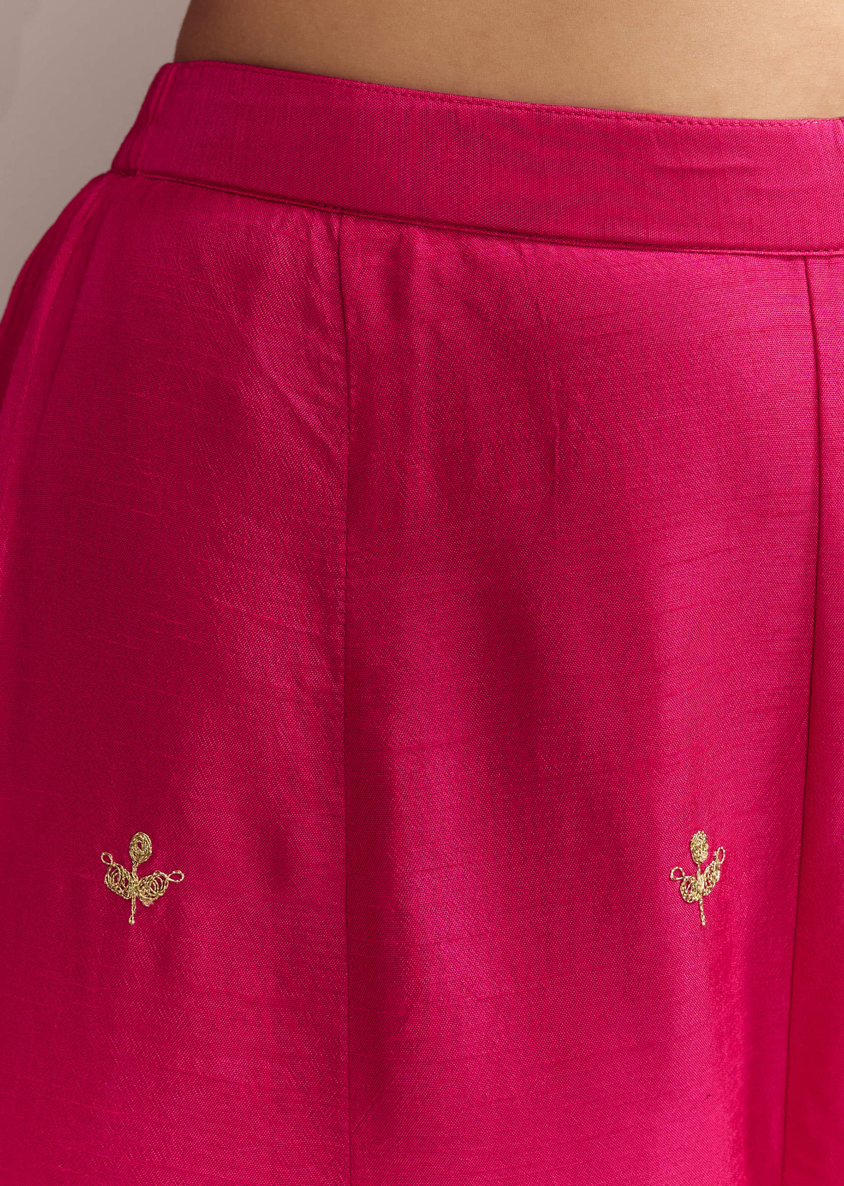 Hot Pink Silk Indo Crop Top And Palazzo Set With Zari Embroidery - Image 6