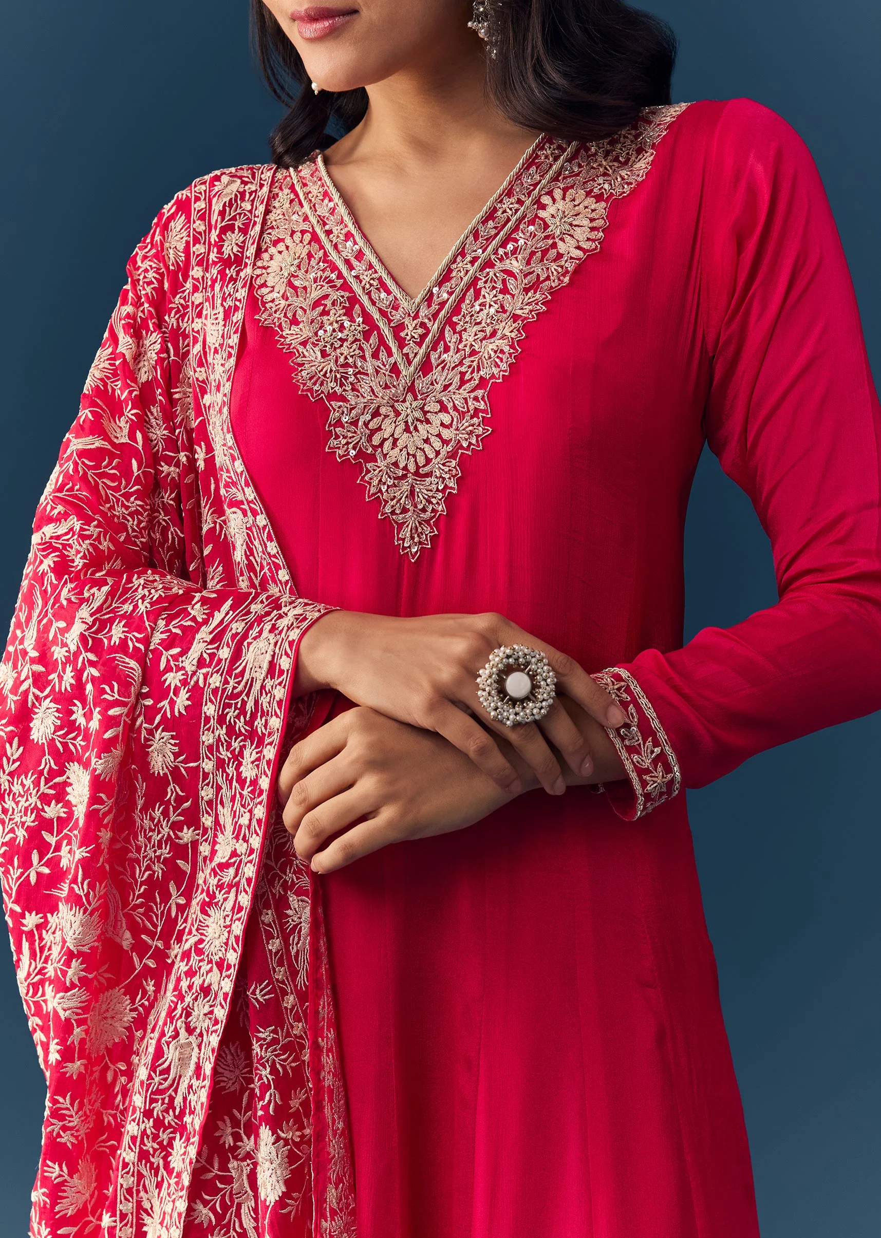 Hot Pink Thread Embroidered Anarkali with Dupatta - Image 2