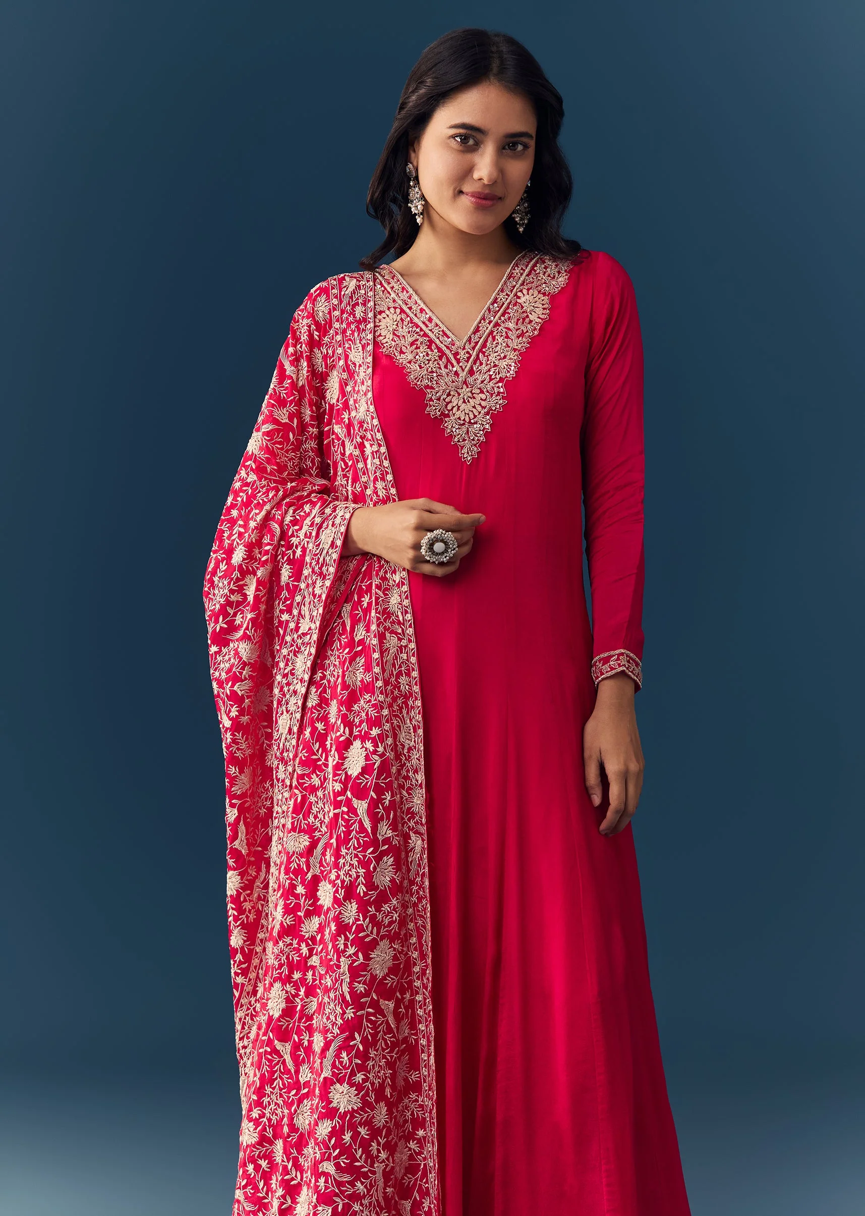 Hot Pink Thread Embroidered Anarkali with Dupatta - Image 4