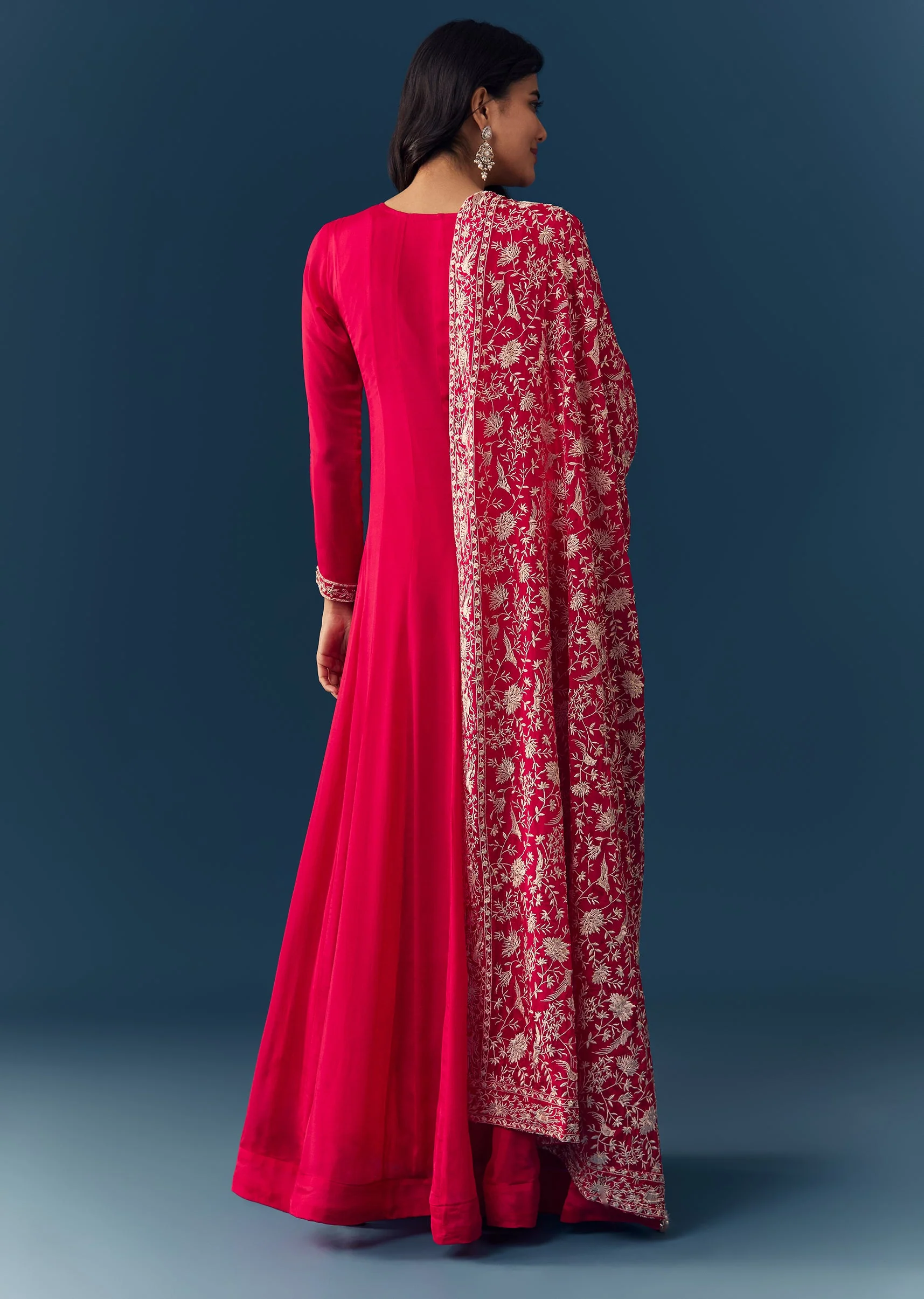 Hot Pink Thread Embroidered Anarkali with Dupatta - Image 5